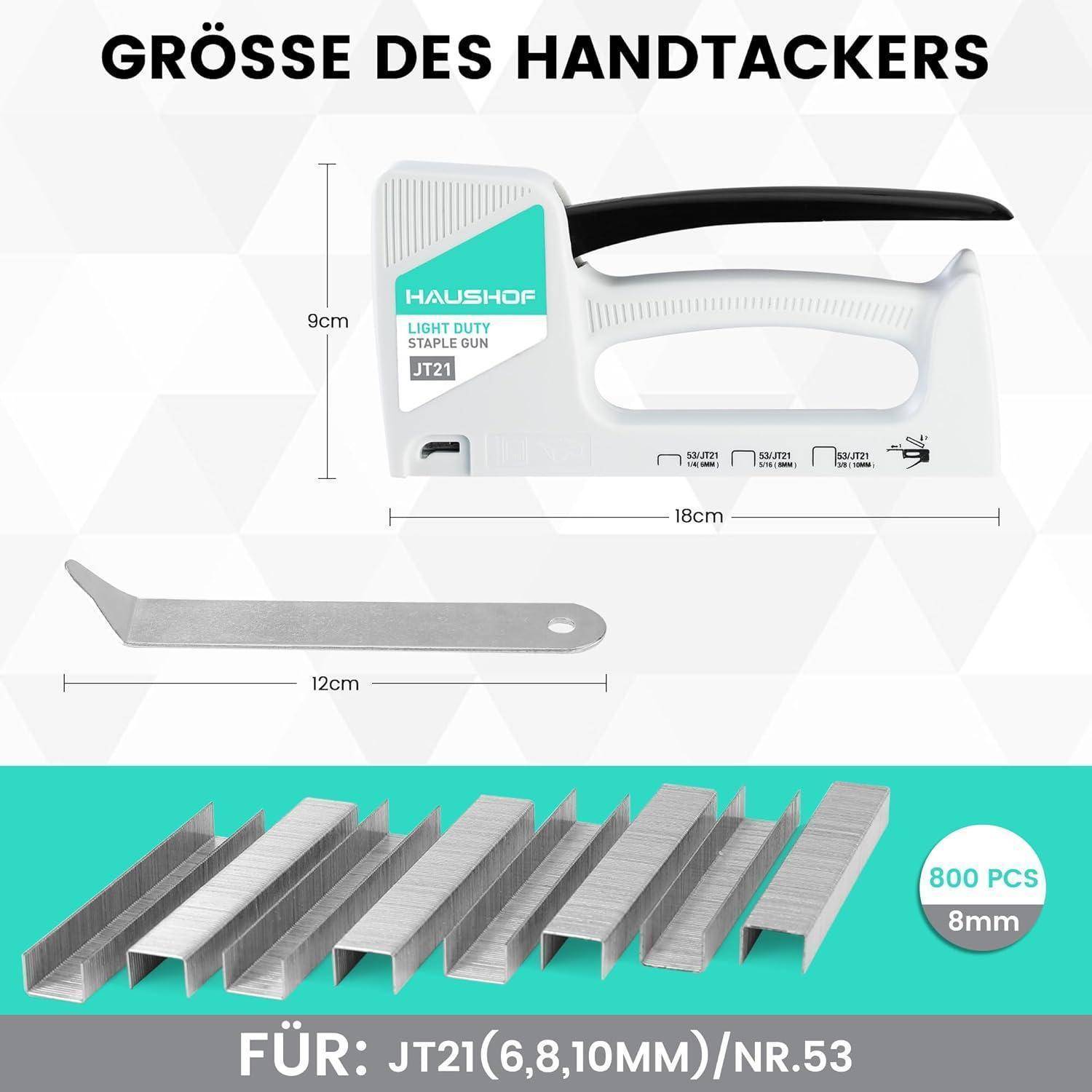 Größe des Handtackers': Bild zeigt einen Tacker mit Abmessungen von 9 cm und 18 cm sowie Klammern mit Abmessungen von 12 cm, 800 Stück, 8 mm Größe, für JT21 (6, 8, 10 mm)/Nr.53.