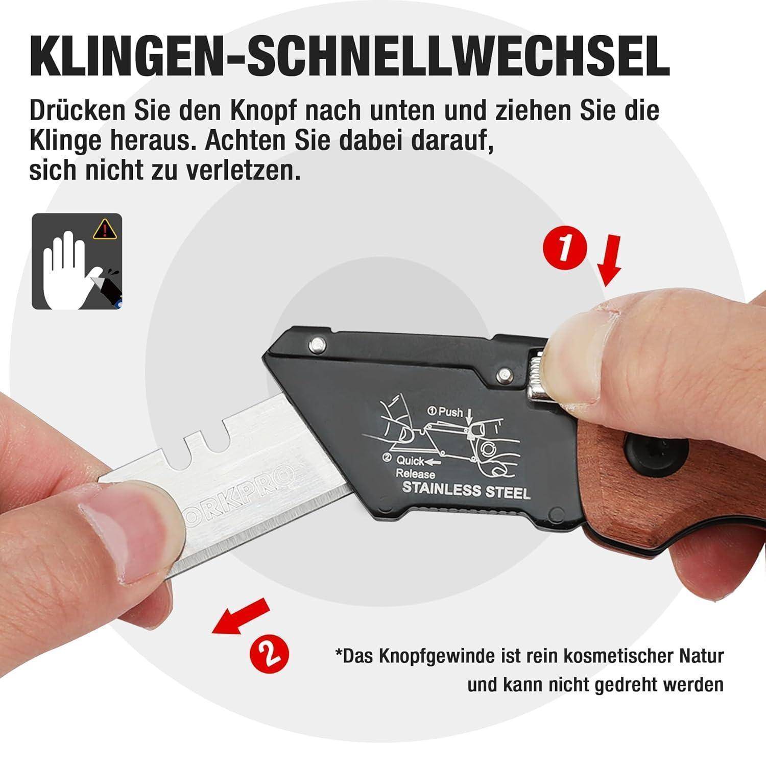 Eine Hand demonstriert das Herausnehmen einer Messerklinge aus einem einziehbaren Griff und warnt vor Sicherheitsaspekten. Der deutsche Text gibt Anweisungen für den Klingenwechsel.