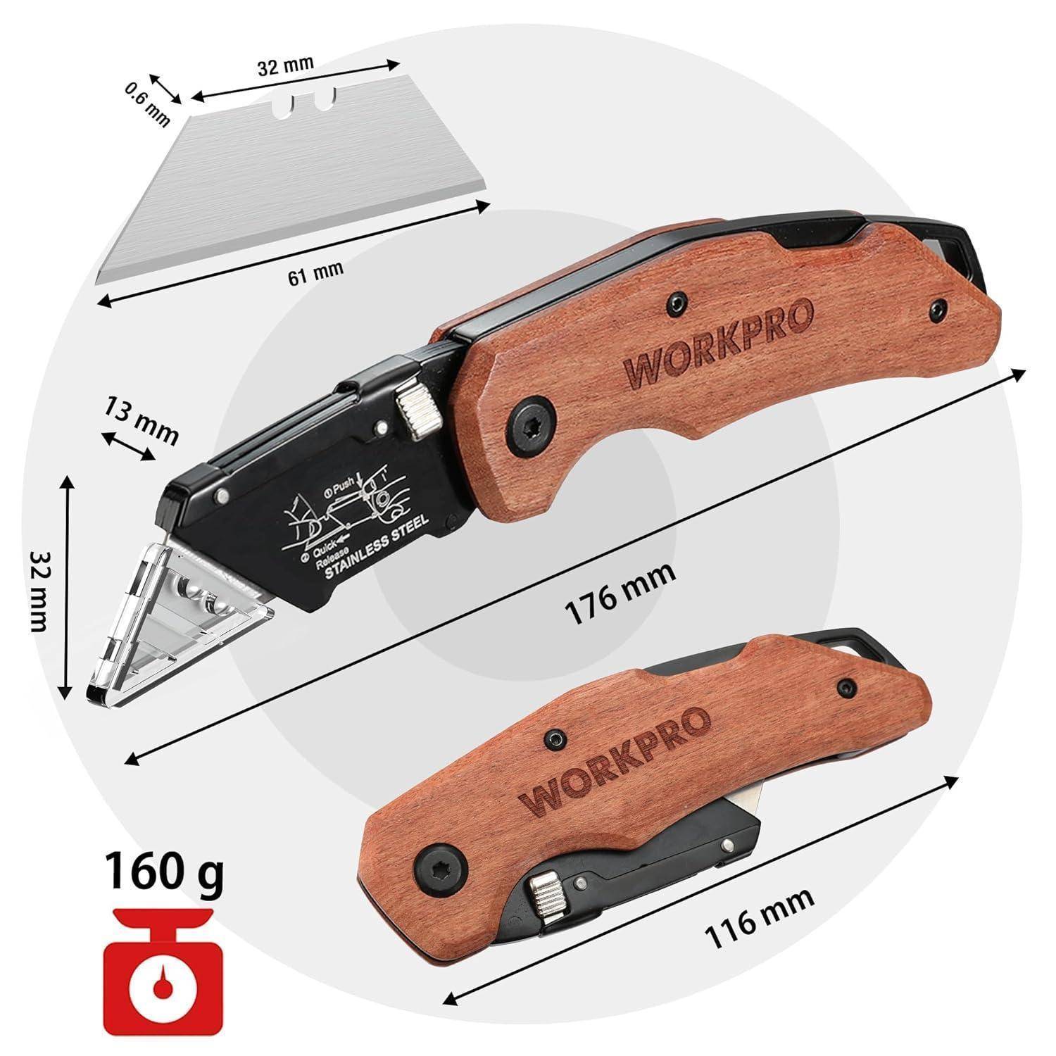 WORKPRO' Klappmesser mit Holzgriff. Maße: 176 mm geöffnet, 116 mm geschlossen, 32 mm Tiefe, Klinge 61 mm, Gesamtgewicht 160 g.