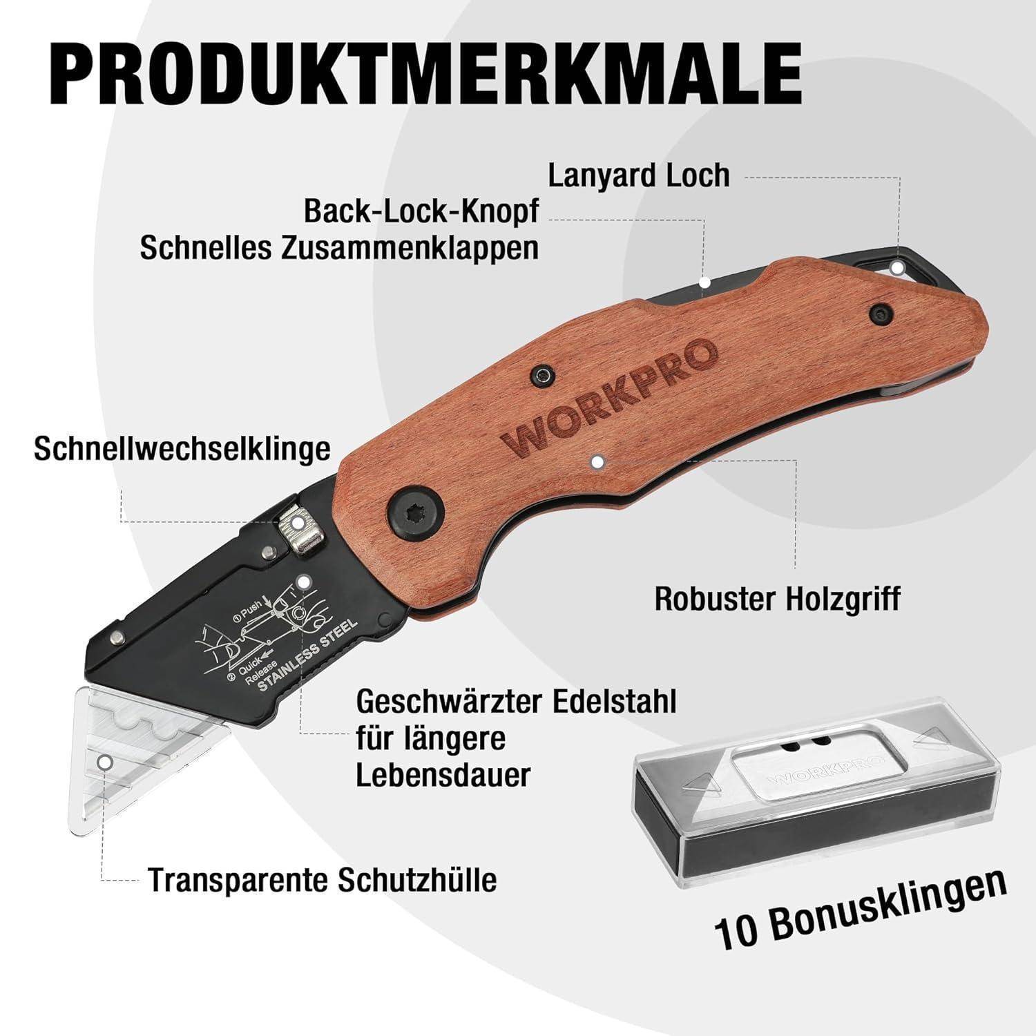 Universalmesser mit Holzgriff, Bezeichnete Merkmale: schneller Klingenwechsel, transparenter Schutz, robuster Holzgriff. Enthält 10 Ersatzklingen.