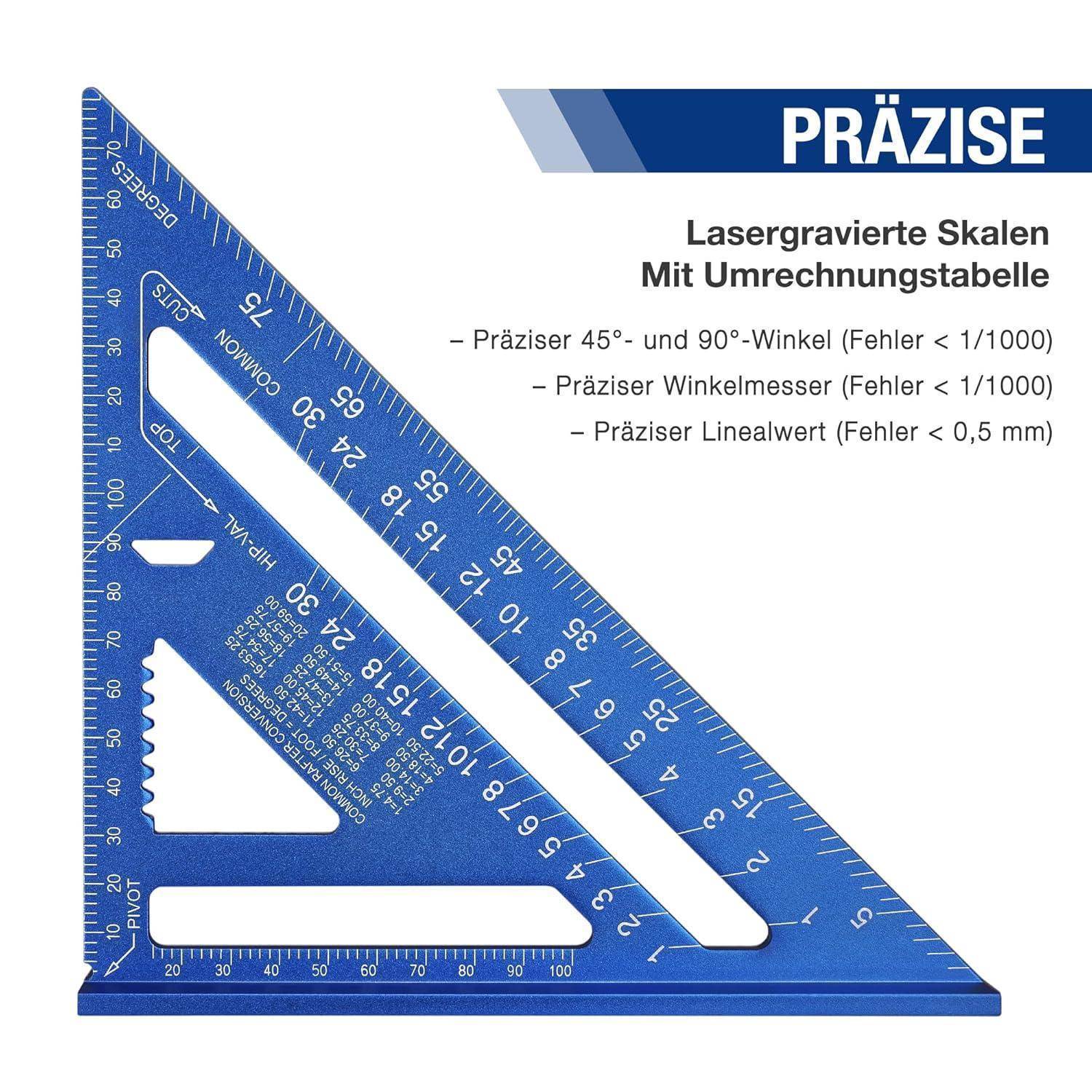 Blauer dreieckiger Lineal mit Lasergravur-Skalen und Umrechnungstabelle. Beschriebene Merkmale umfassen 45°- und 90°-Winkel, Winkelmesser und präzise lineare Messung.