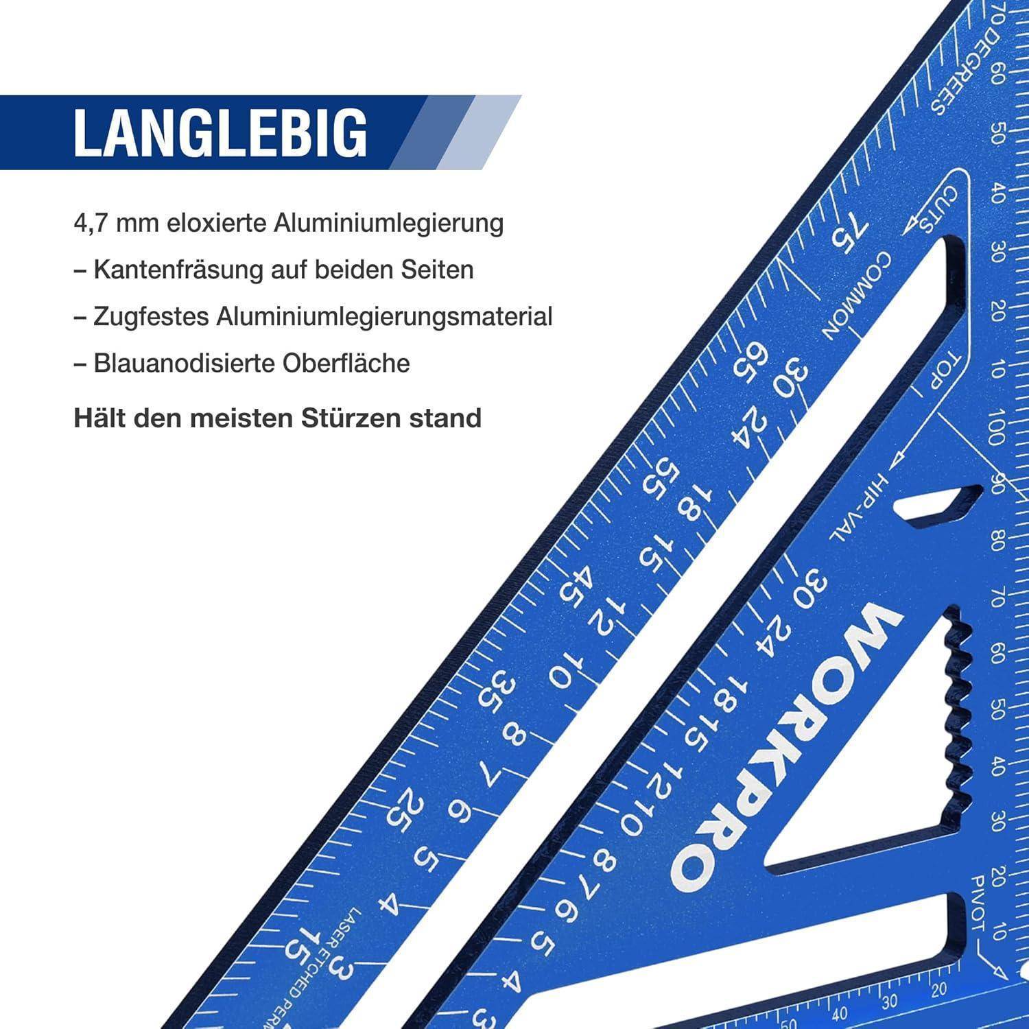 Ein blauer dreieckiger Lineal mit Messungen in Zentimetern und Millimetern. Text auf Deutsch beschreibt sein Aluminiummaterial und seine Haltbarkeit.