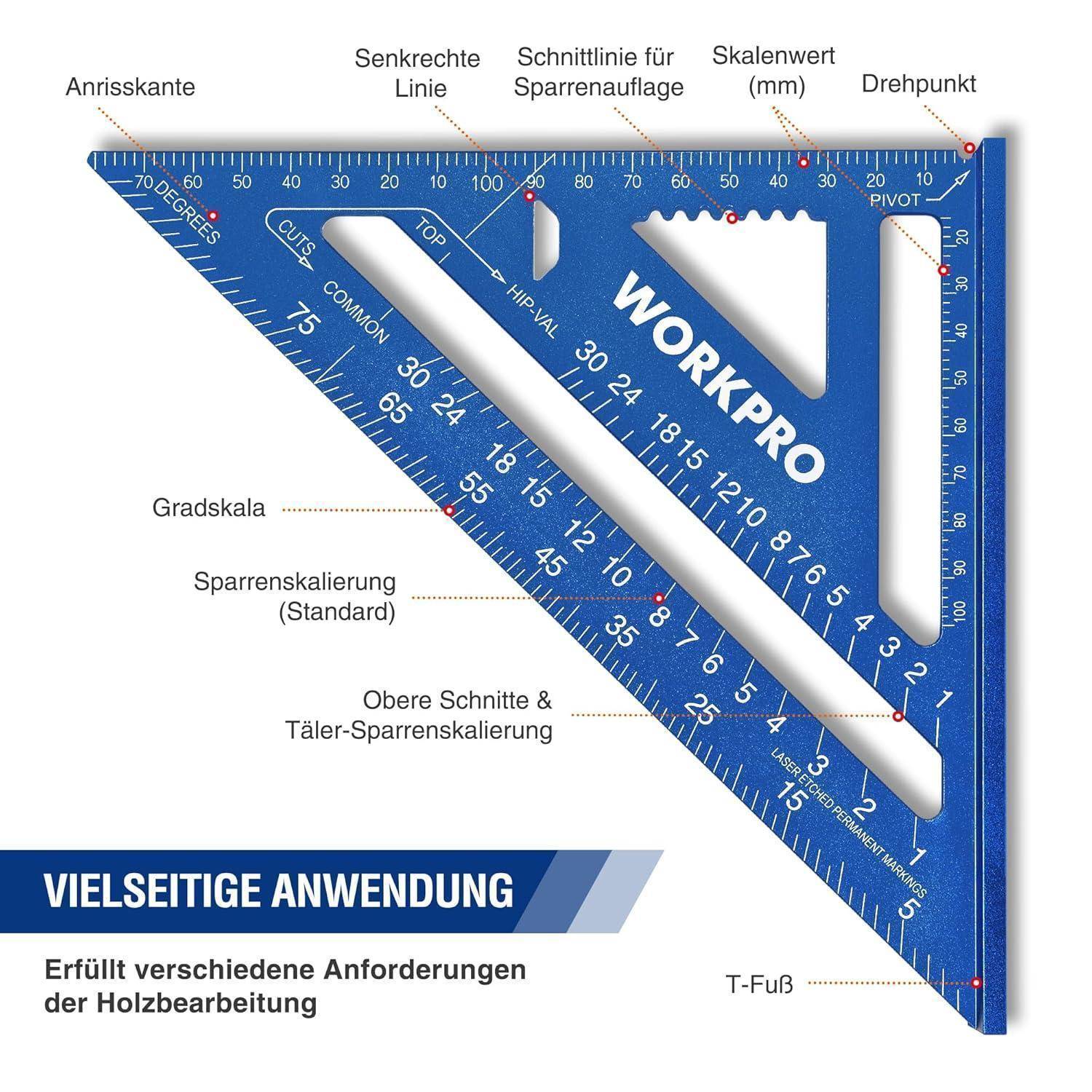 Ein blauer dreieckiger Winkel aus Holzbearbeitungswerkzeugen mit verschiedenen Skalen und Winkelmarkierungen. Mit der Aufschrift 'WORKPRO' versehen, ist er für präzise Holzmessungen konzipiert.