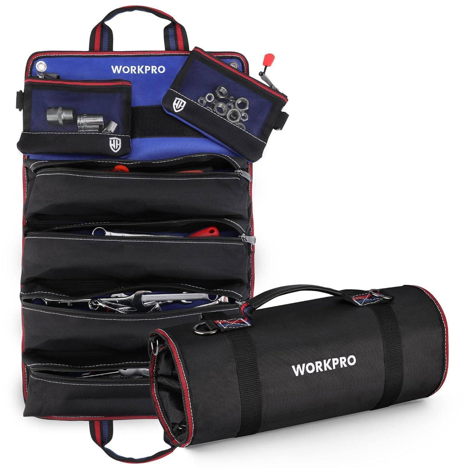 Werkzeugtasche der Marke 'WORKPRO', ausgerollt, um die verschiedenen mit unterschiedlichen Werkzeugen und Zubehör gefüllten Fächer zu zeigen.