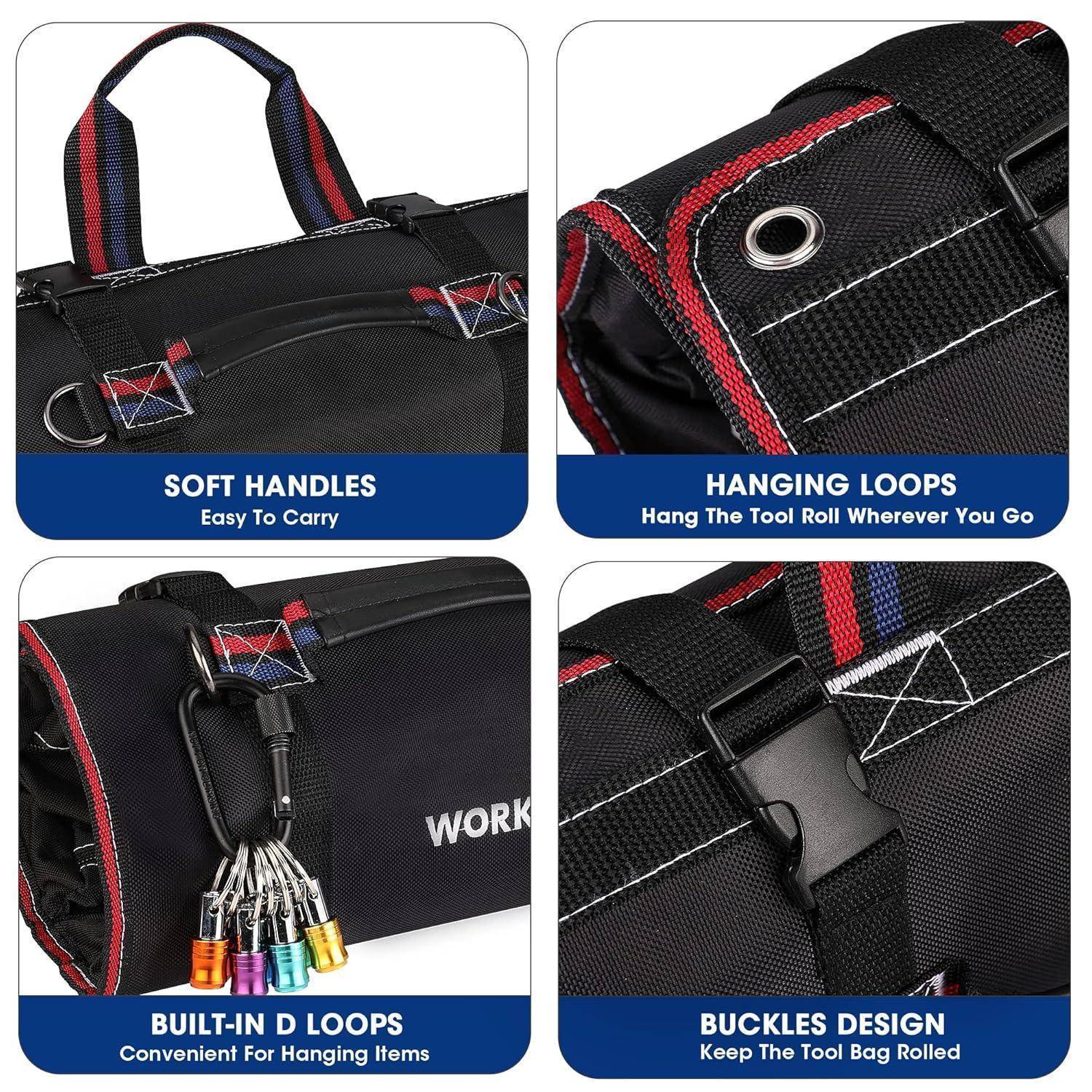 Das Bild zeigt Details einer Werkzeugtasche: weiche Griffe, Aufhängeschlaufen, integrierte D-Ringe und Schnallendesign für Bequemlichkeit und Transportierbarkeit.