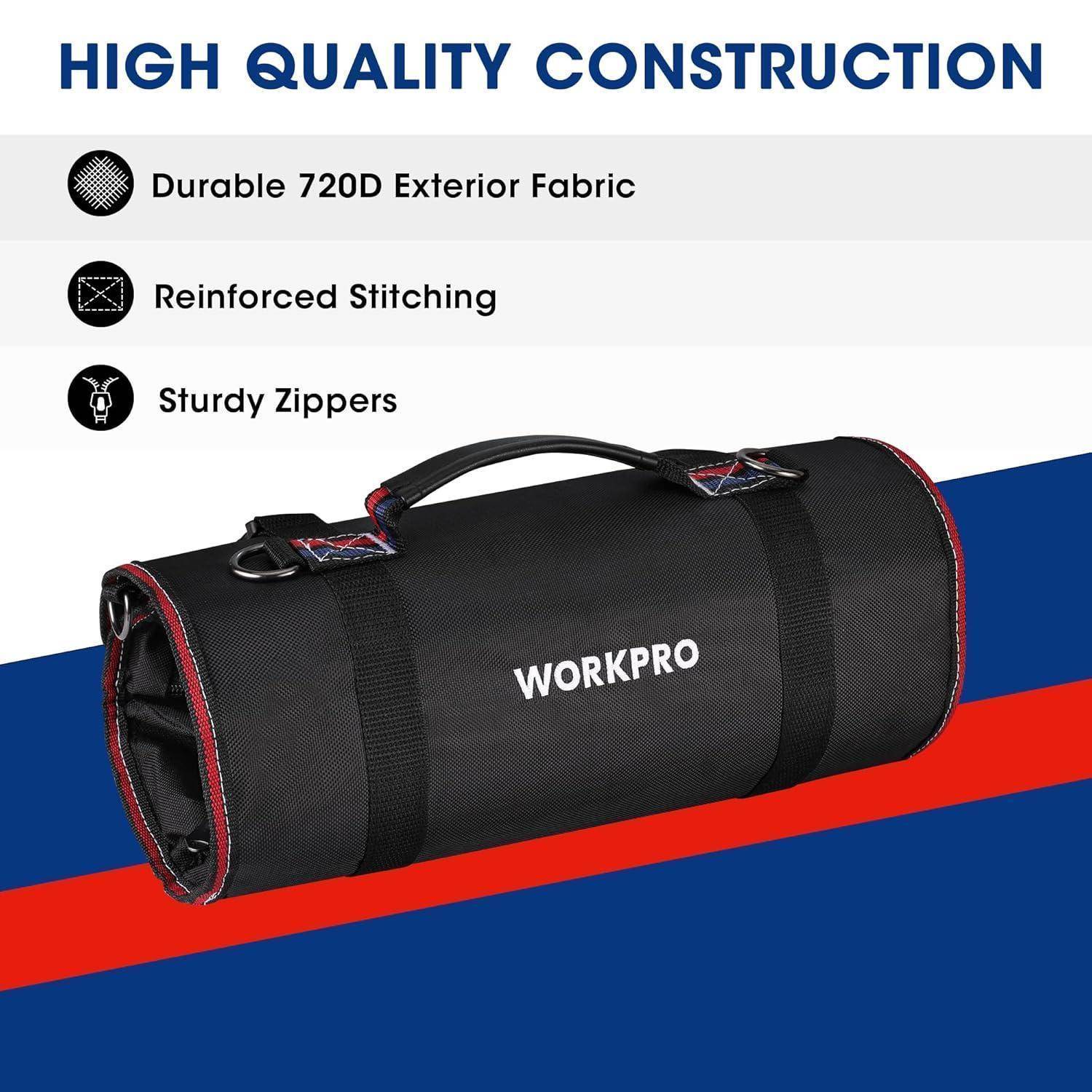 WORKPRO' schwarze Werkzeugtasche mit verstärkten Nähten, robusten Reißverschlüssen, gefertigt aus strapazierfähigem 720D-Gewebe. Blaue und rote Streifen darunter.