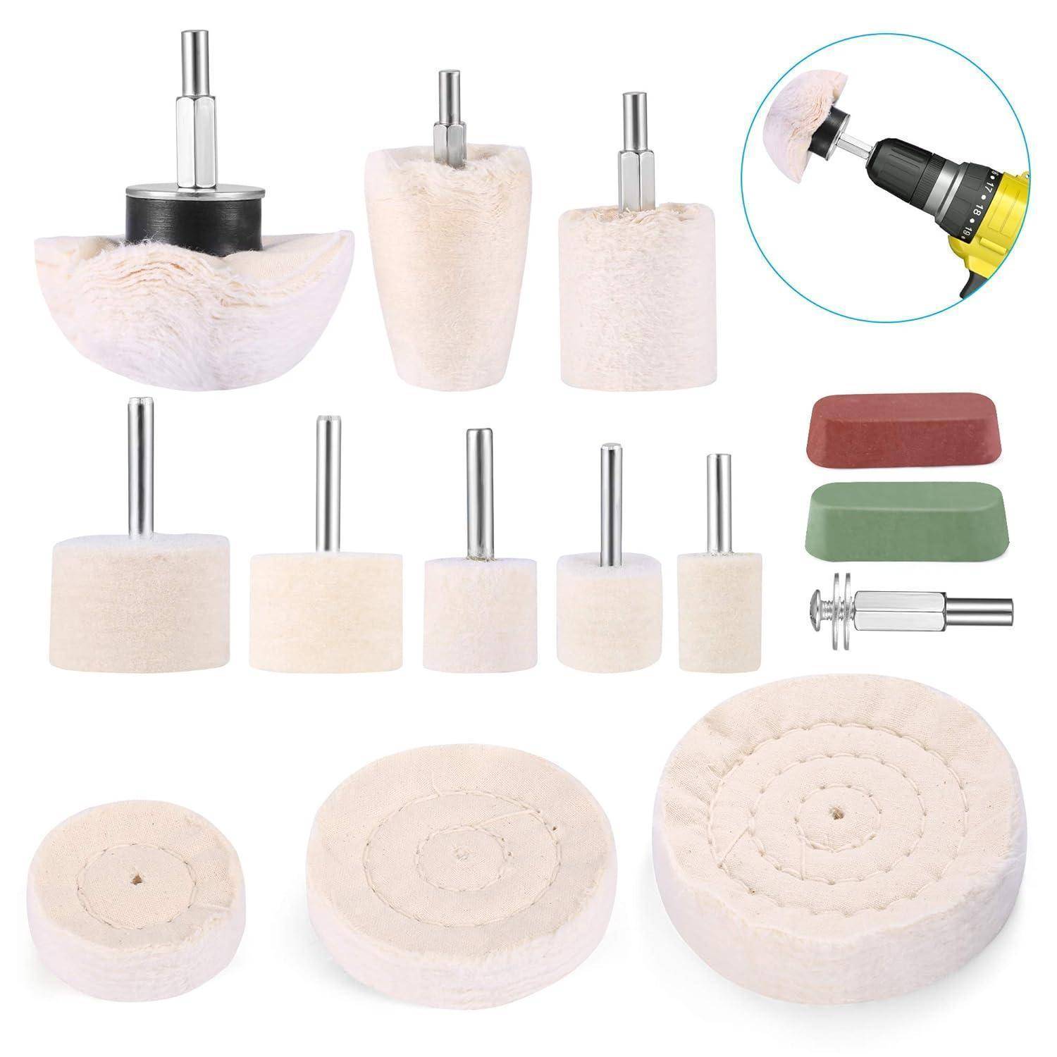 Ein Satz Polier- und Polierpads in verschiedenen Formen und Größen, geeignet zur Befestigung an einem Bohrgerät. Enthält Schleifpapier und Adapter.