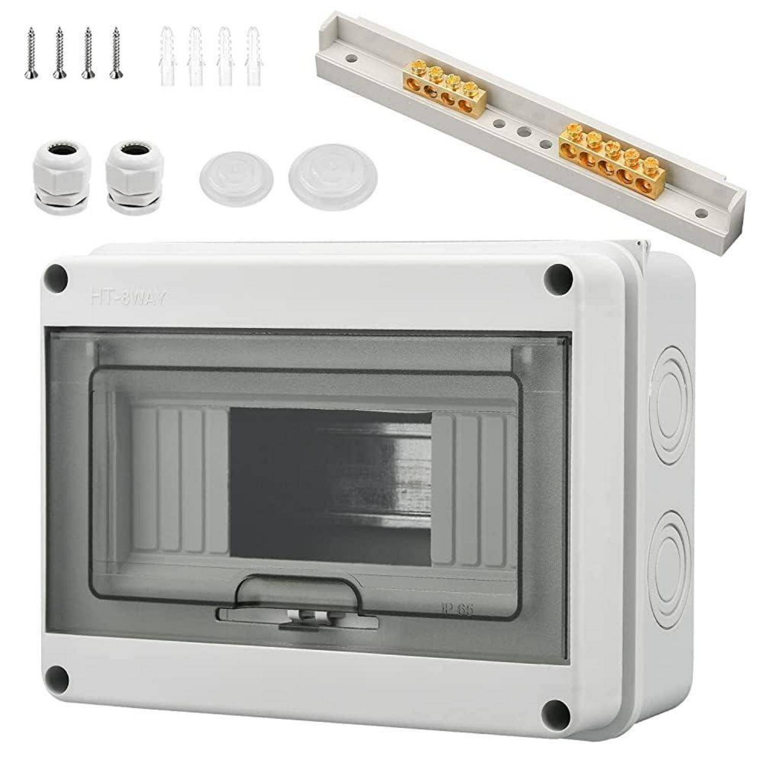 Elektrische Verteilerdose mit transparentem Deckel, Zubehör umfasst Befestigungsschrauben, Dübel, Kabelverschraubungen und eine Klemmenleiste.