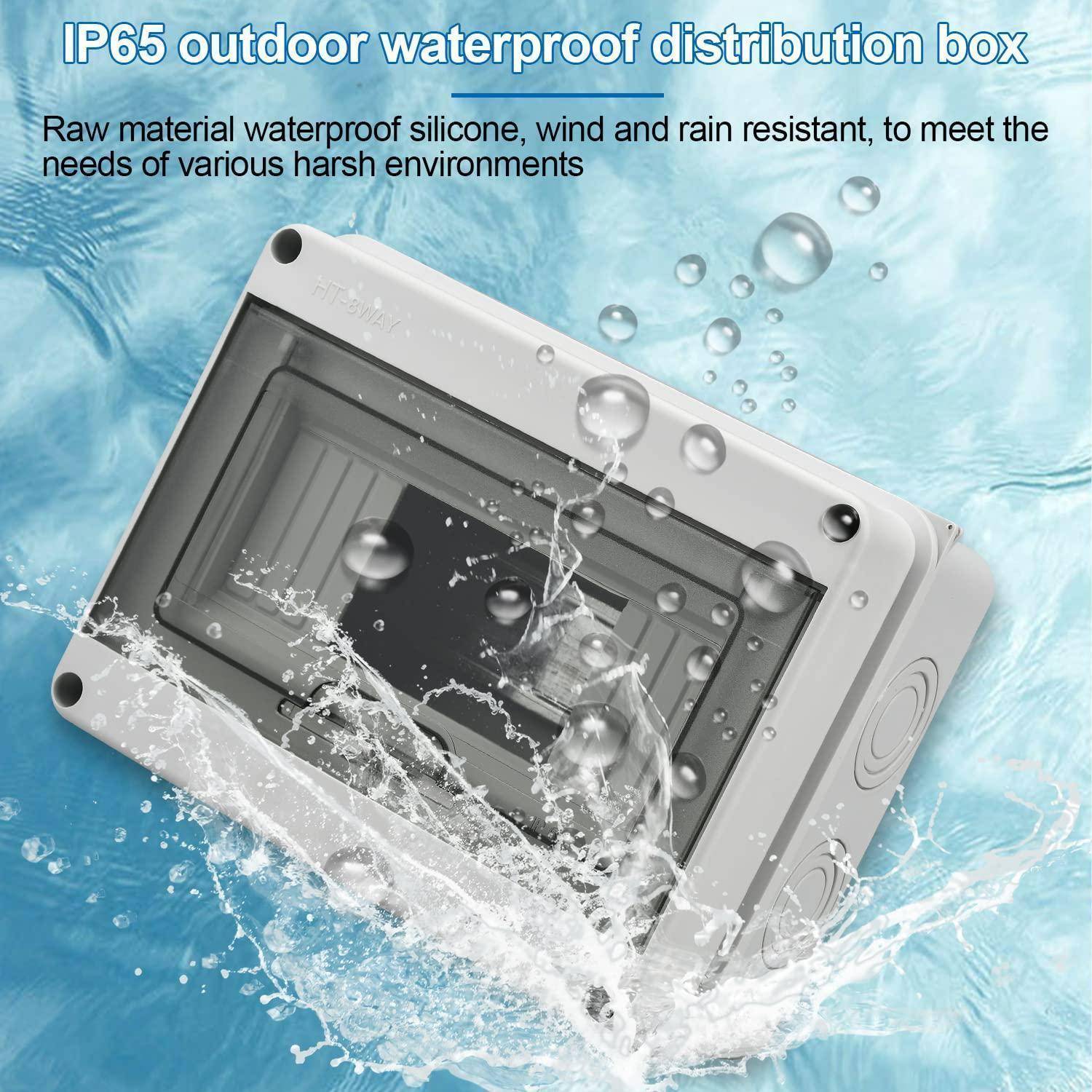 IP65 Outdoor-Wasserdichte Verteilerdose, dargestellt mit Wasserspritzern, die ihre Wasser- und Wetterbeständigkeit für raue Umgebungen betonen.