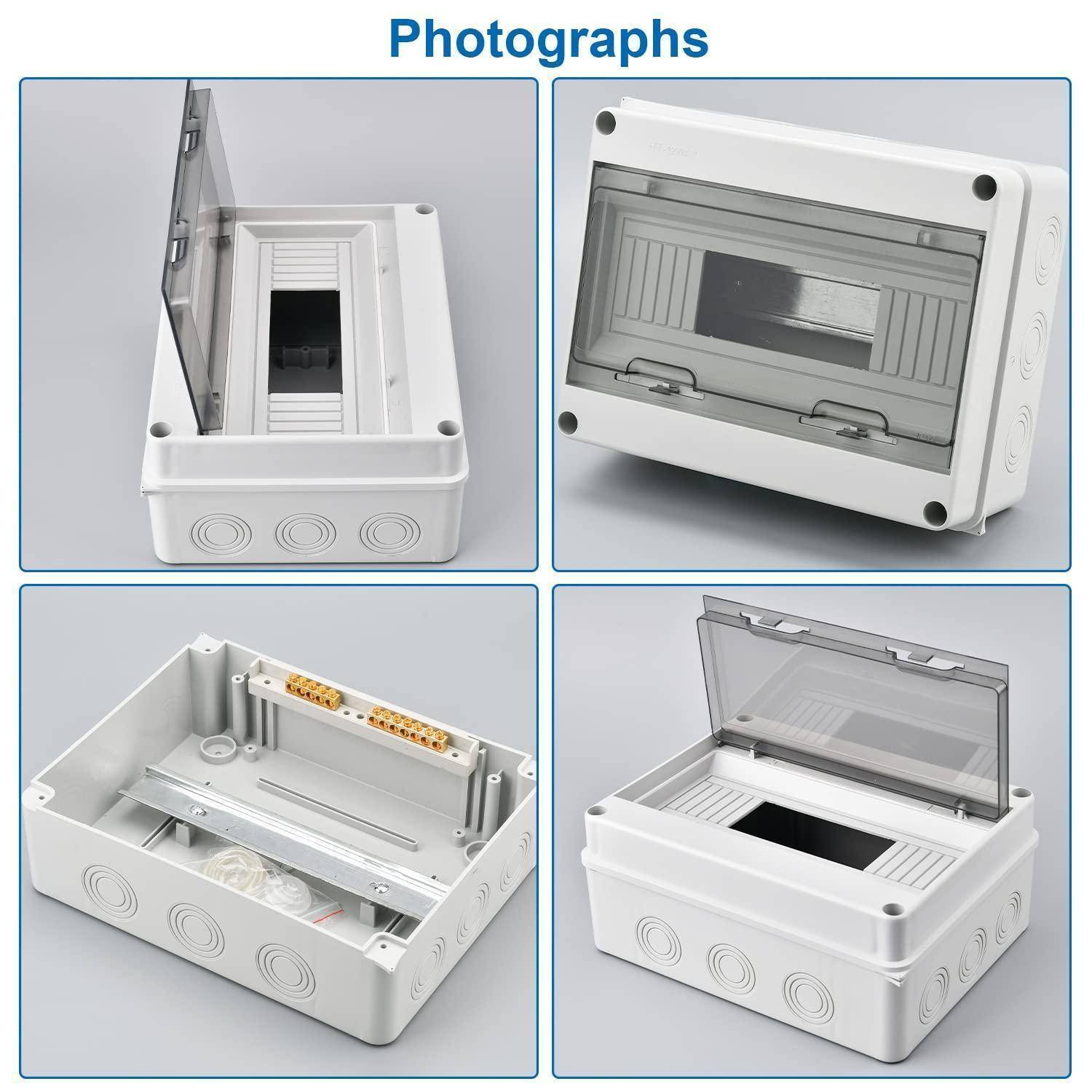 Vier Bilder einer weißen rechteckigen elektrischen Verteilerdose mit transparenter Abdeckung, die verschiedene Winkel sowie einen geöffneten und geschlossenen Zustand zeigen.