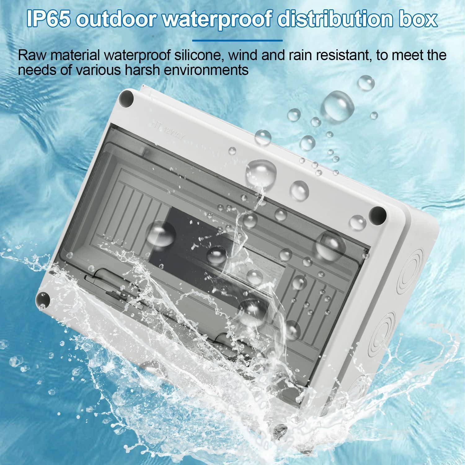 IP65 Outdoor-Verteilerdose mit Wassertropfen, die ihre Widerstandsfähigkeit unter rauen Wetterbedingungen veranschaulicht.