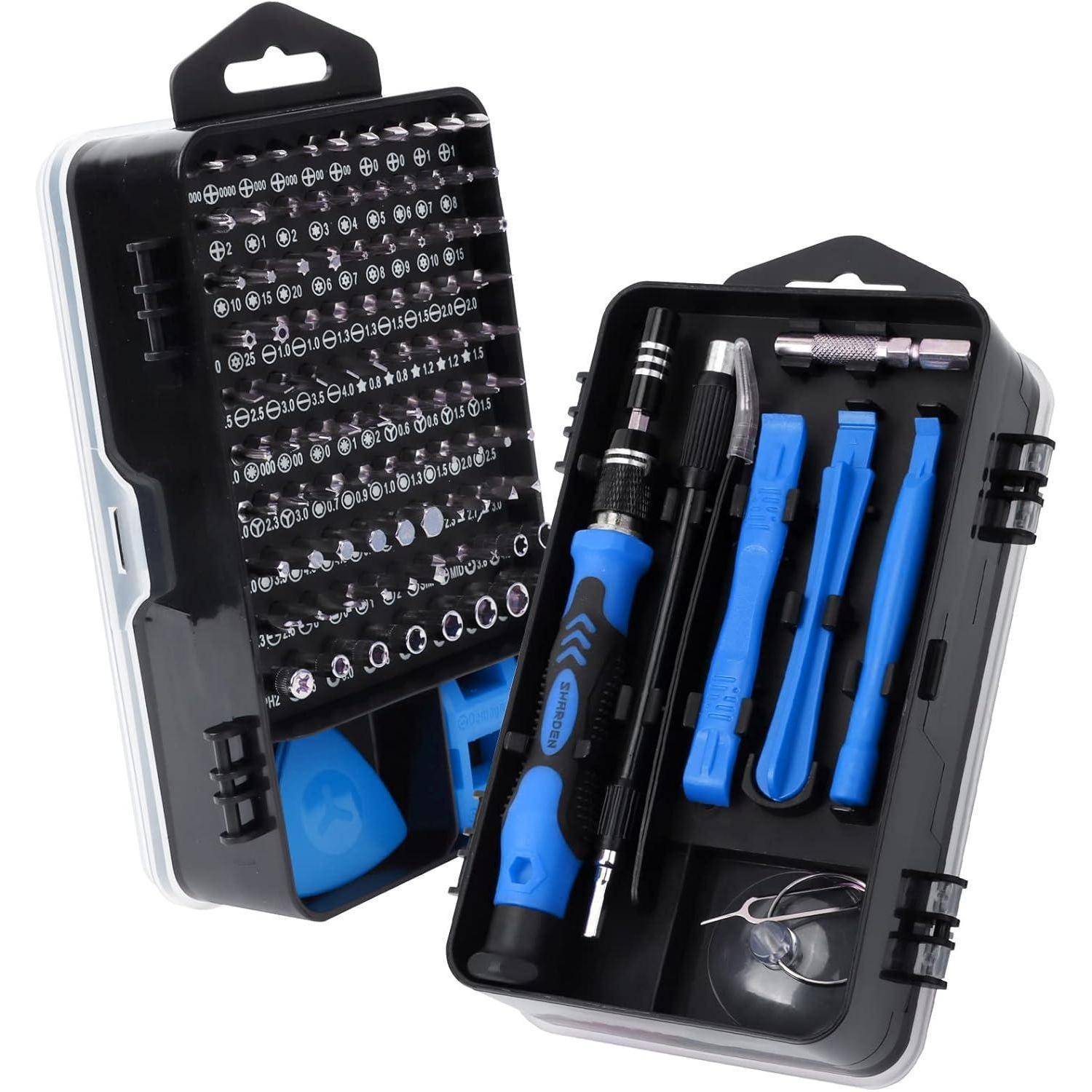 Ein Werkzeugset mit einer Vielzahl von Schraubendreher-Bits, Pinzetten und Hebewerkzeugen in einem schwarzen Etui. Die Werkzeuge und Griffe sind überwiegend blau.