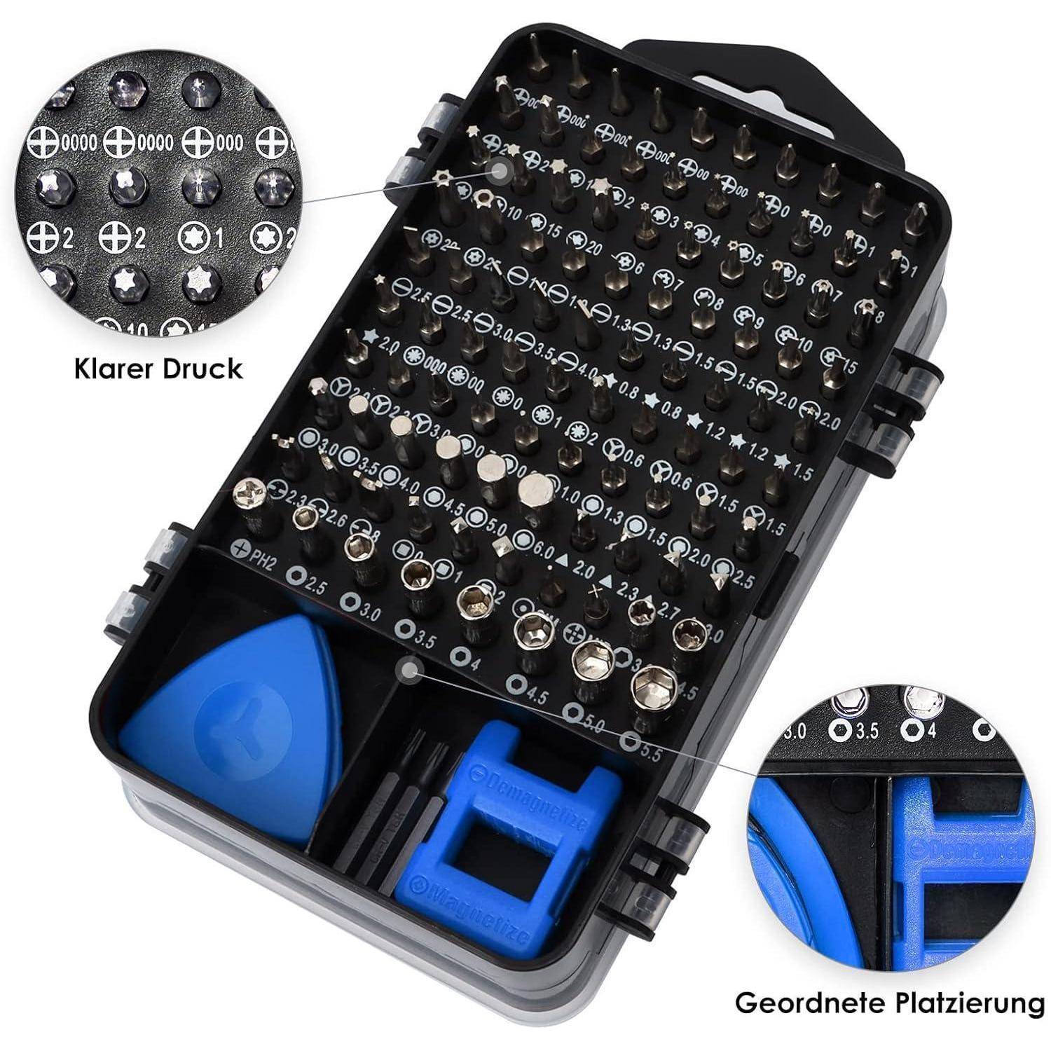 Eine schwarze Plastikwerkzeugkiste enthält verschiedene Präzisionsschraubendrehereinsätze, die mit Größen beschriftet sind. Es gibt auch einen blauen Zahnstocher und ein kleines Plastikwerkzeug.