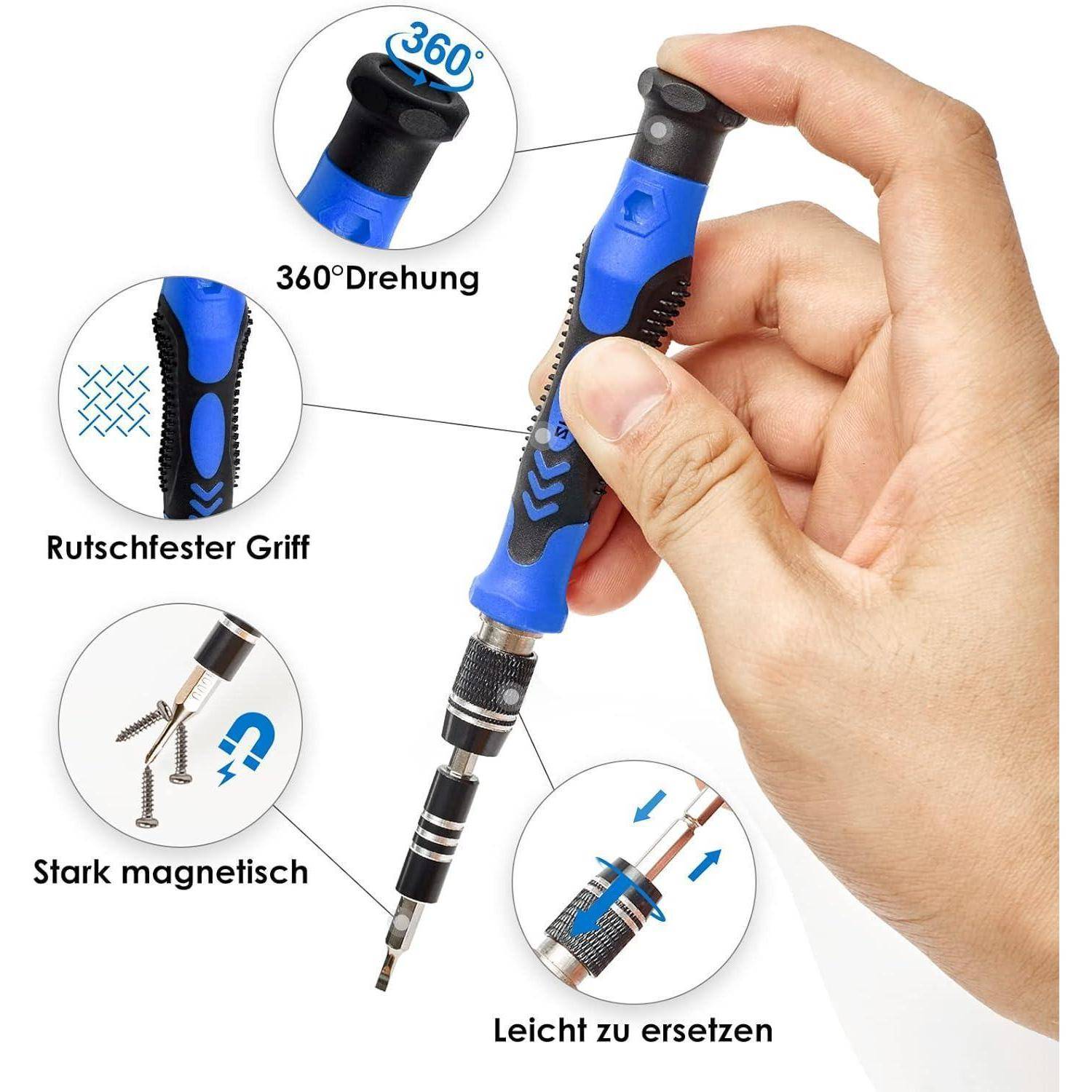 Eine Hand, die einen blauen und schwarzen Schraubendreher mit einem 360-Grad-Drehkopf, magnetischer Spitze, rutschfestem Griff und leicht austauschbaren Teilen hält.
