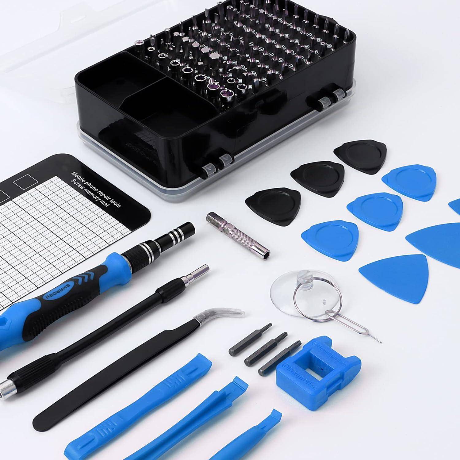Ein Werkzeugset für die Elektronikreparatur umfasst einen Präzisionsschraubendrehersatz, verschiedene Bits, Öffnungshebel, Pinzetten und eine magnetische Unterlage.