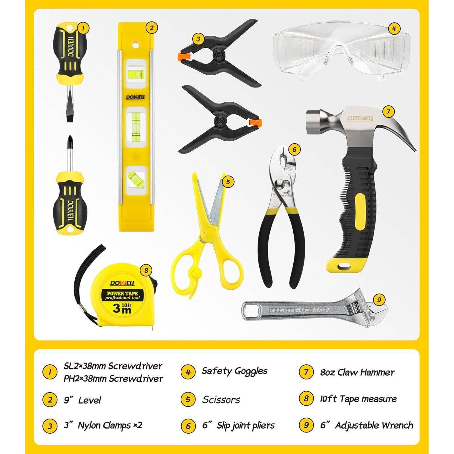 Ein Werkzeugkasten enthält eine Wasserwaage, zwei Schraubendreher, Nylonklemmen, Schutzbrille, Schere, Rohrzange, einen Hammer, Maßband und einen verstellbaren Schraubenschlüssel.