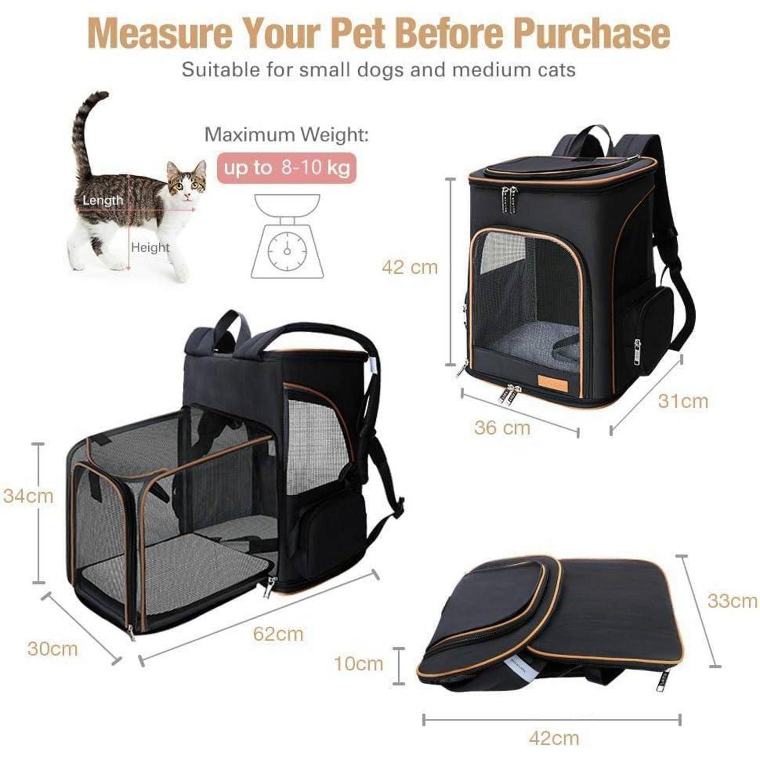 Dimensionen und Eigenschaften des Haustier-Rucksacks für kleine Hunde und Katzen bis zu 8-10 kg. Enthält Maschen-Fenster, Seitentür und herausnehmbares Matte.