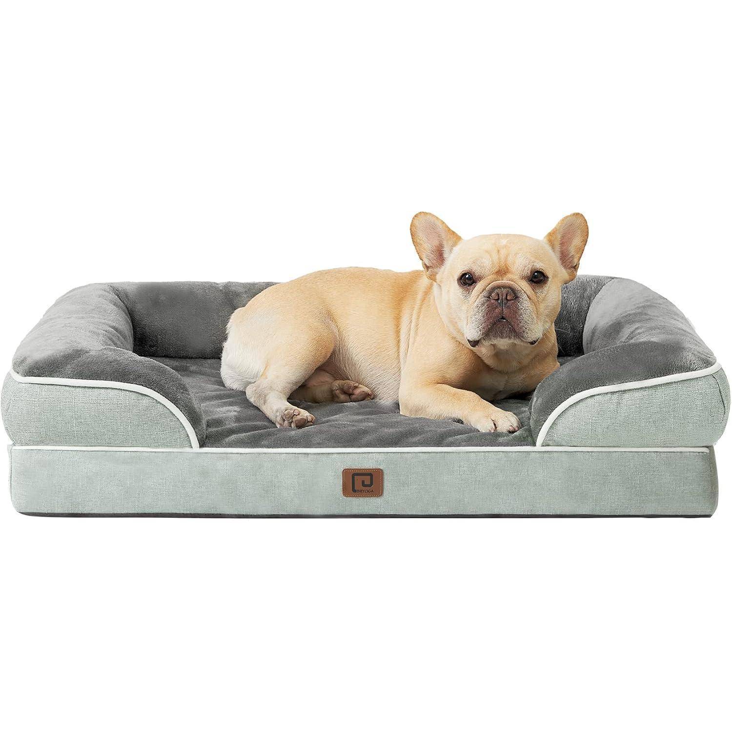 Ein kleiner Hund, wahrscheinlich ein Französische Bulldogge, liegt gemütlich auf einem weichen grauen Hundebett mit erhöhten Seitenwänden. Das Bett verfügt über eine weiche, gepolsterte Auflage.