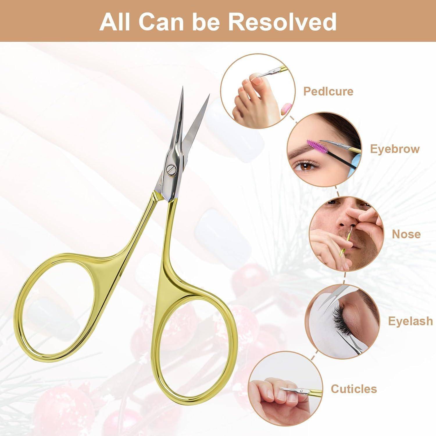 Ein Paar goldene Scheren mit Anwendungen für 'Pediküre', 'Augenbrauen', 'Nase', 'Wimpern' und 'Nagelhaut', die in kleinen Kreisbildern dargestellt sind.