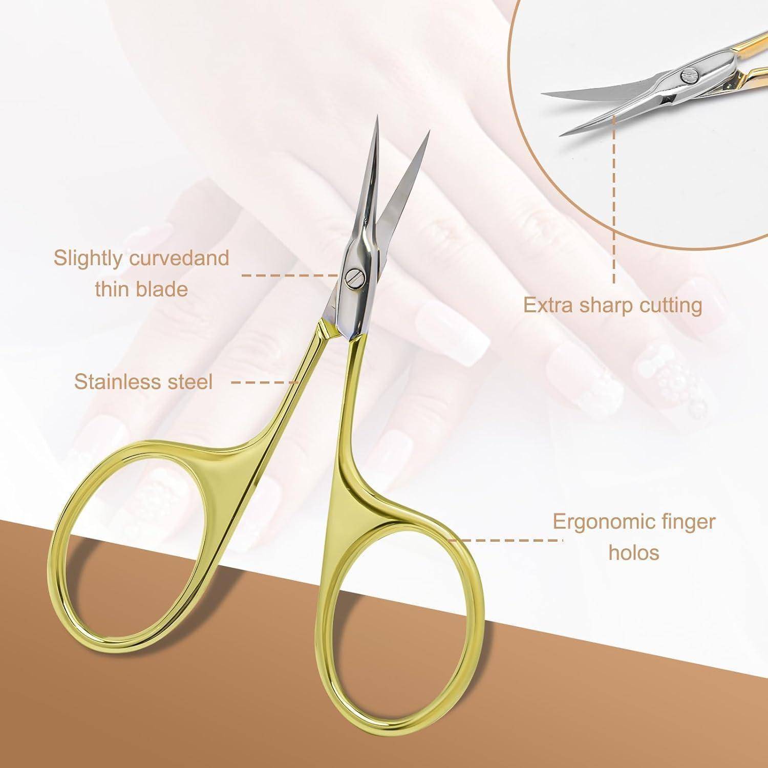 Goldene Scheren mit ergonomischen Fingerlöchern und einer dünnen, leicht gekrümmten Klinge, die für besonders scharfes Schneiden entwickelt wurde.