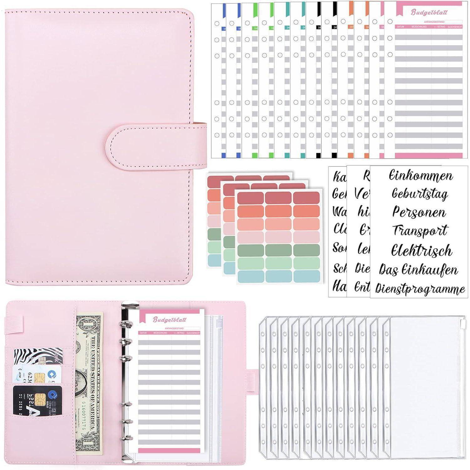 Ein rosa persönlicher Terminplaner mit beschrifteten Registern, Haushaltsblättern, farbcodierten Aufklebern und Umschlagtaschen zum Organisieren von Geld und Ausgaben.