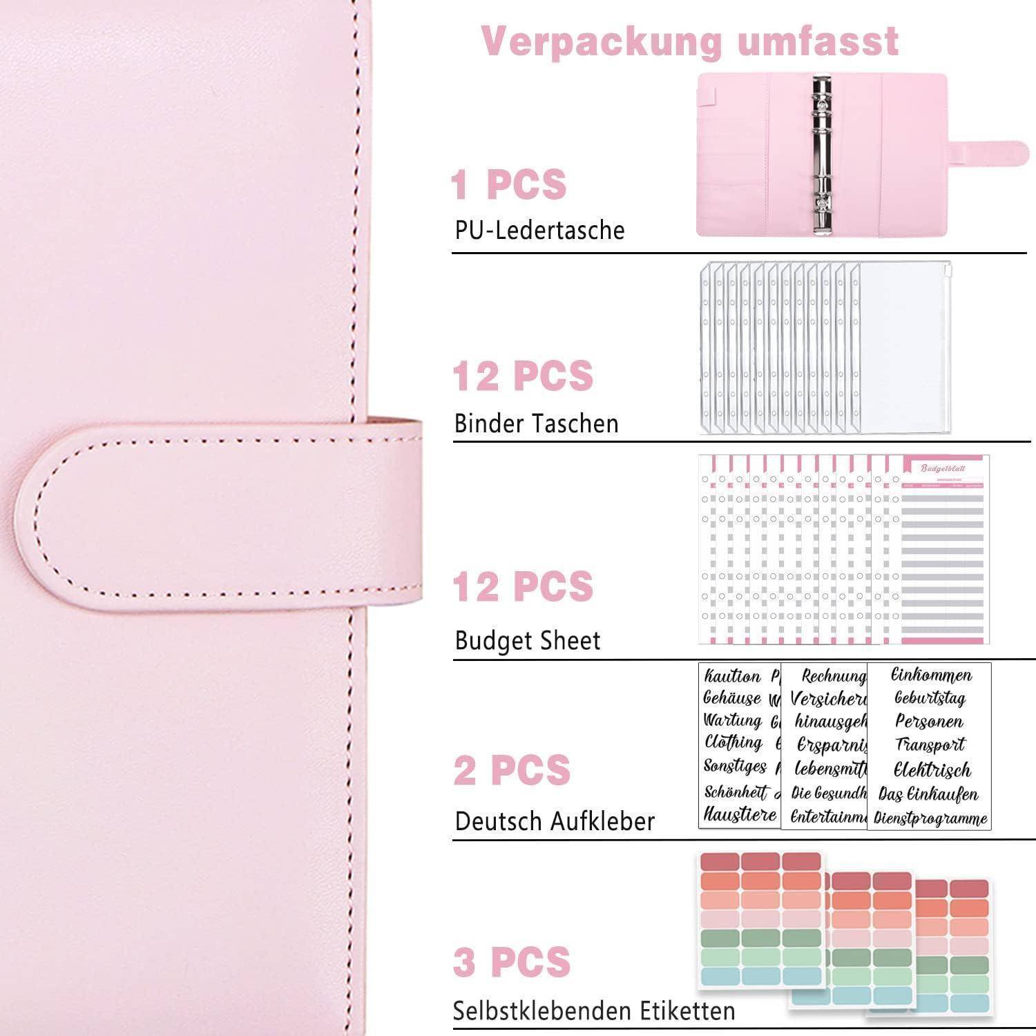 Verpackung umfasst: rosa PU-Ledertasche, 12 Ringbucheinlagen, 12 Budgetblätter, 2 Bögen Budgetaufkleber mit deutscher Schreibweise, 3 farbige Beschriftungsblätter zur Organisation.