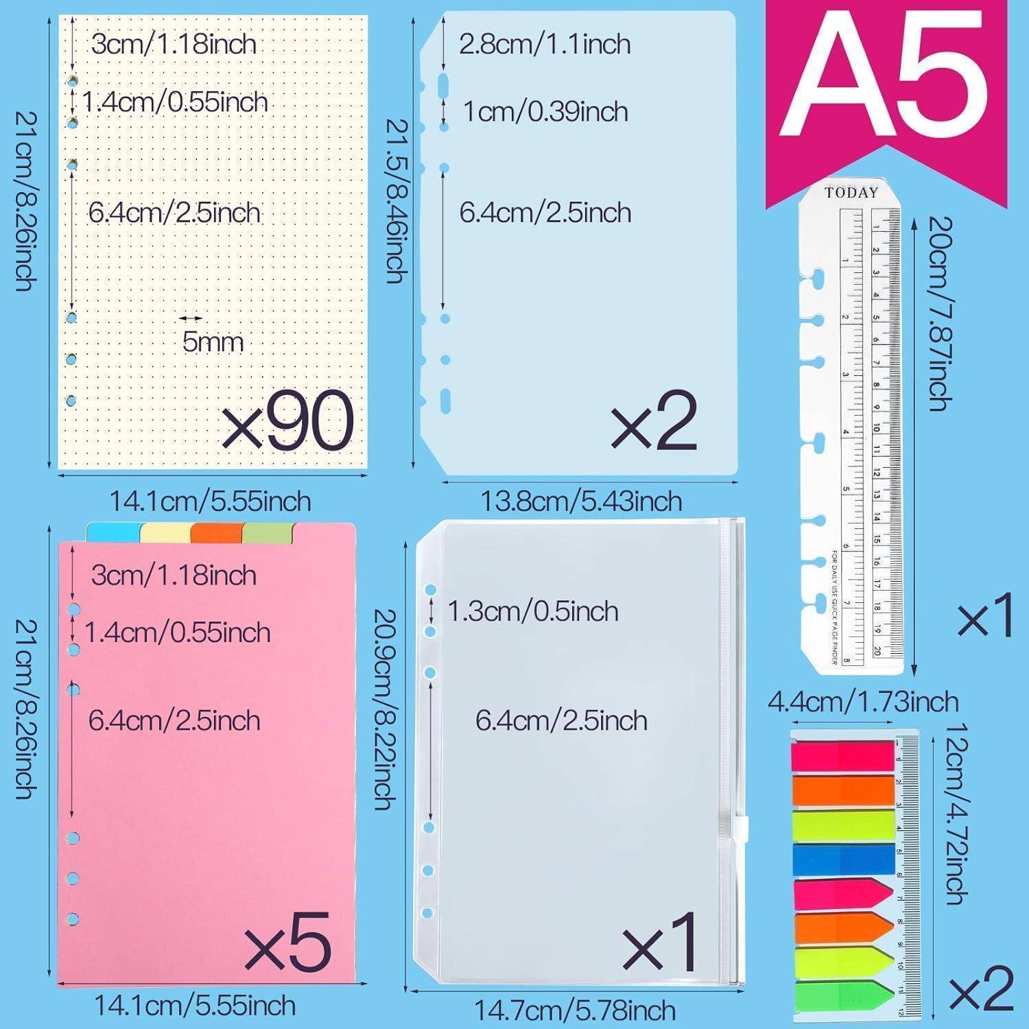 A5' Planer-Set enthält: 90 Rasterbogen, 2 transparente Umschläge, 5 Register, 5 Haftmarkierungen, 1 Lineal. Abmessungen sind auf den Artikeln vermerkt.