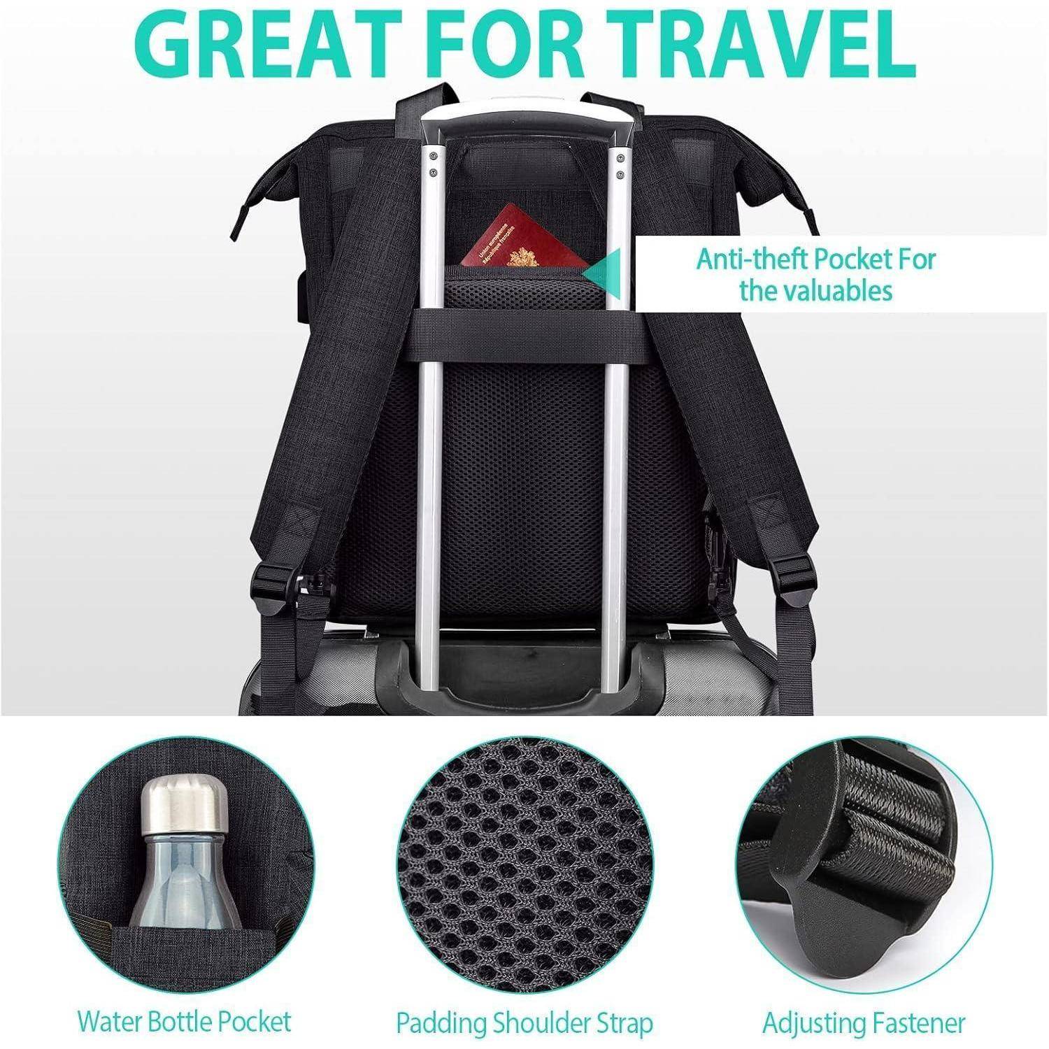 Schwarz Rucksack Damen Schulrucksack Mädchen USB Ladeanschluss 15,6