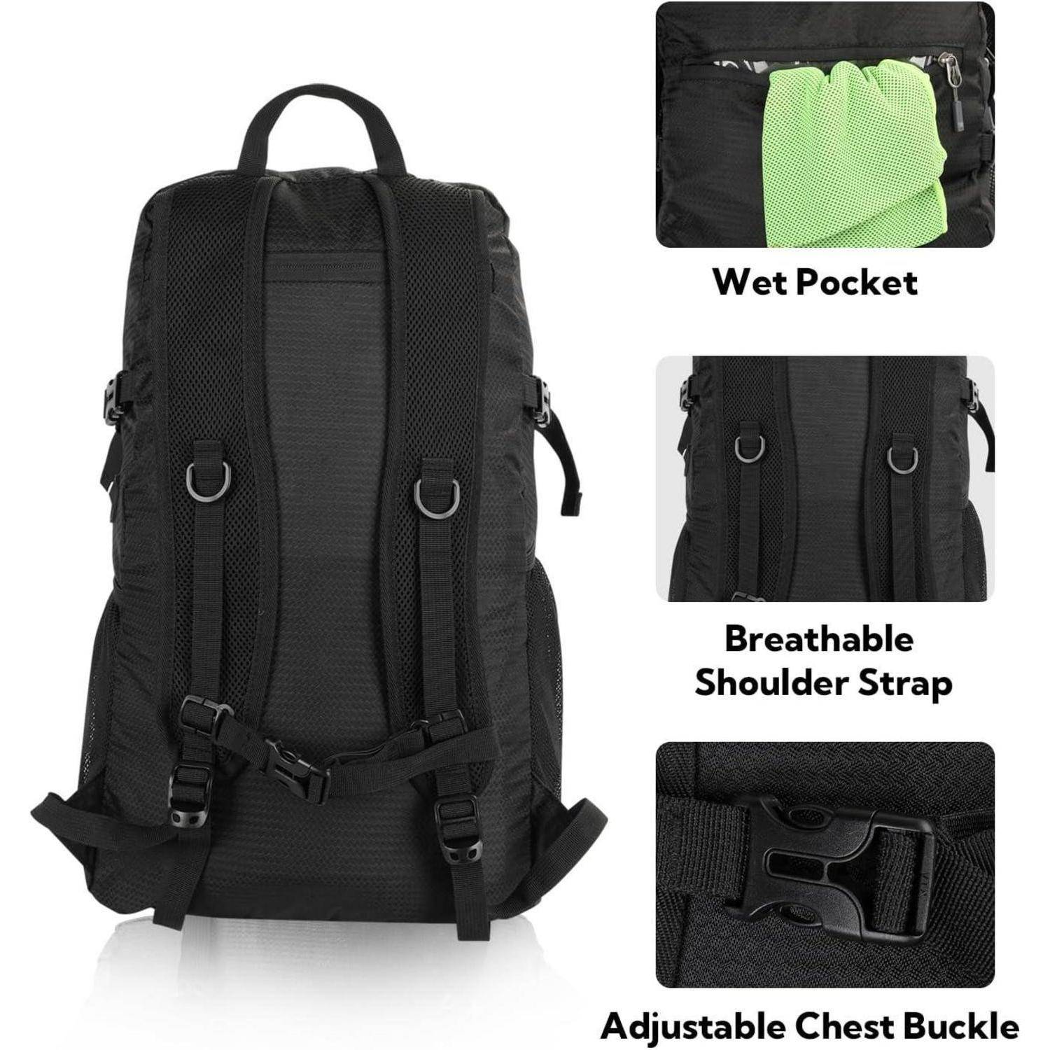 Schwarzer Rucksack mit verstellbarer Brustschnalle, atmungsaktiven Schultergurten und Nassfach für praktische Aufbewahrung.