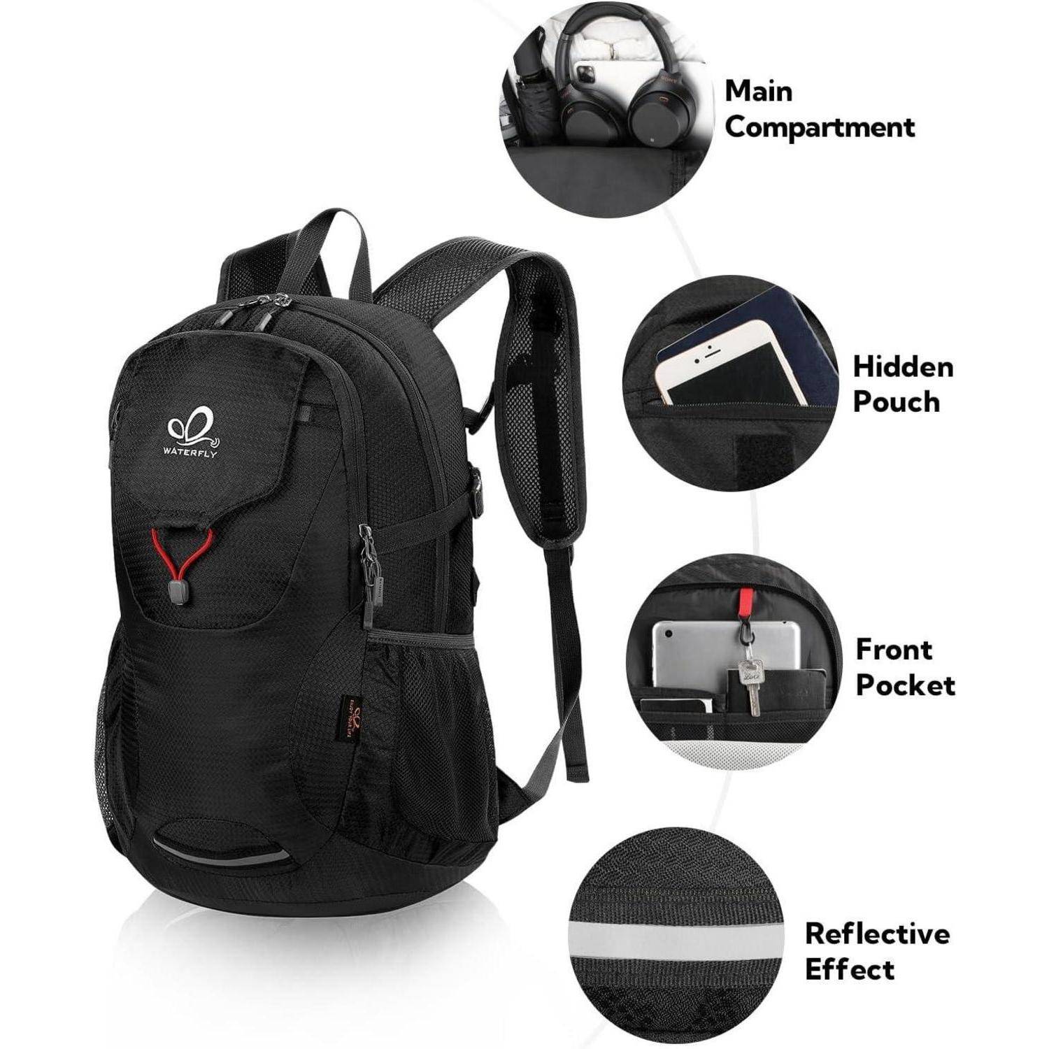 Schwarzer Rucksack mit gekennzeichneten Abschnitten: Hauptfach, verstecktes Fach mit Handy, Vordertasche mit Schlüsseln und einem reflektierenden Streifen.