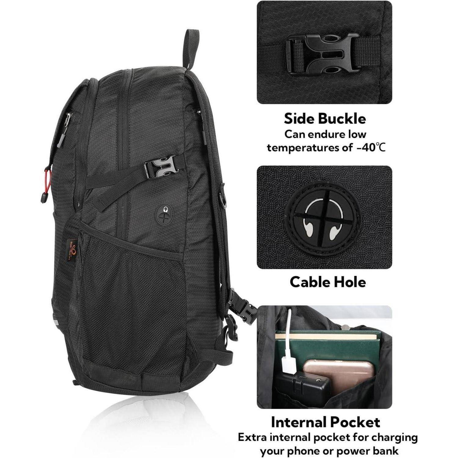 Ein schwarzer Rucksack mit einer seitlichen Schnalle, der Temperaturen bis zu -40°C standhält, mit einem Kabeldurchgang und einer Innentasche zum Aufladen von Geräten wie einem Handy oder einer Powerbank.