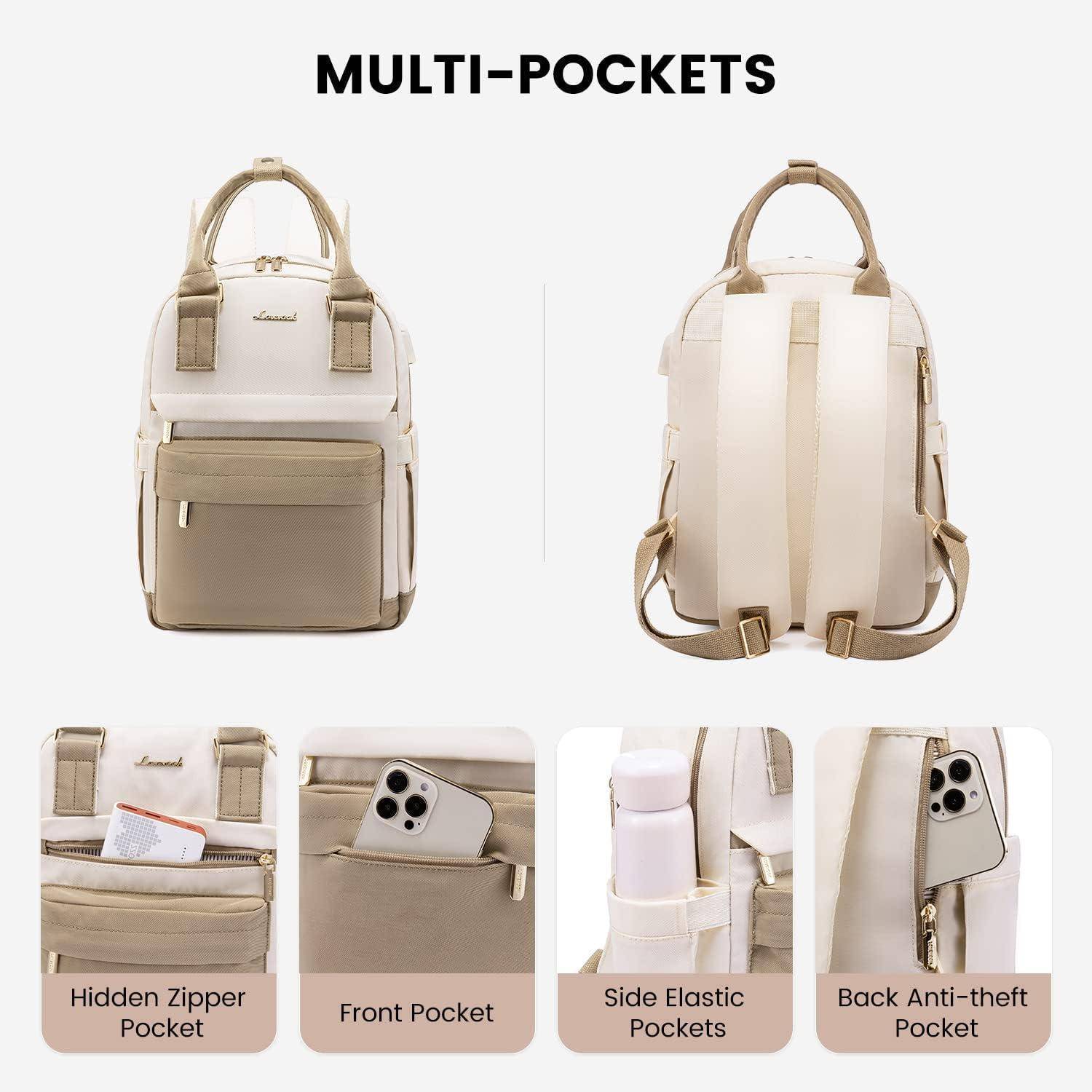 Ein beige-weißer Rucksack wird gezeigt mit verschiedenen Taschen: versteckte Reißverschlusstasche, Vordertasche, seitliche Gummitaschen und eine rückseitige Diebstahlschutz-Tasche.