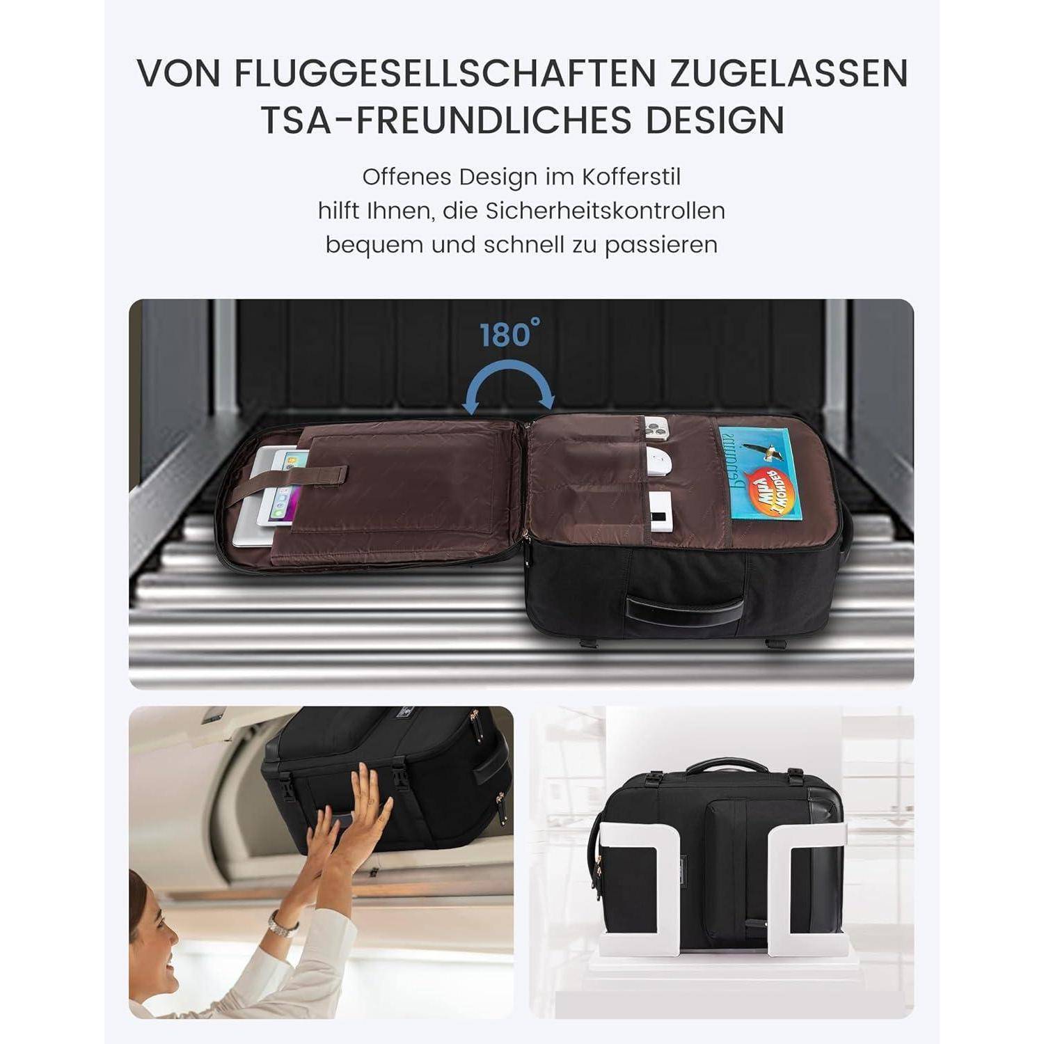 TSA-freundlicher Koffer mit 180-Grad-Öffnung auf dem Sicherheitsband des Flughafens, bei dem die gepackten Fächer zu sehen sind. Darunter hebt eine Person den Koffer in ein Gepäckfach.