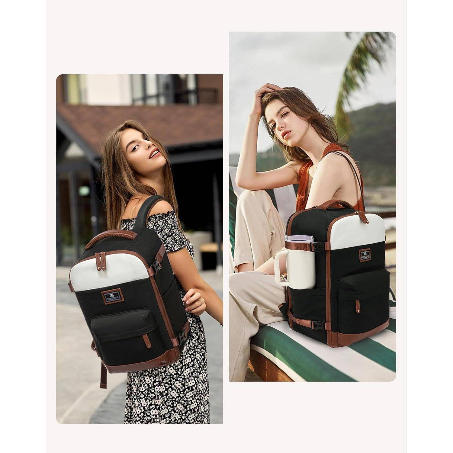 Reiserucksack Handgepäck 45L Damen 17,3 Zoll Laptopfach Beige Schwarz