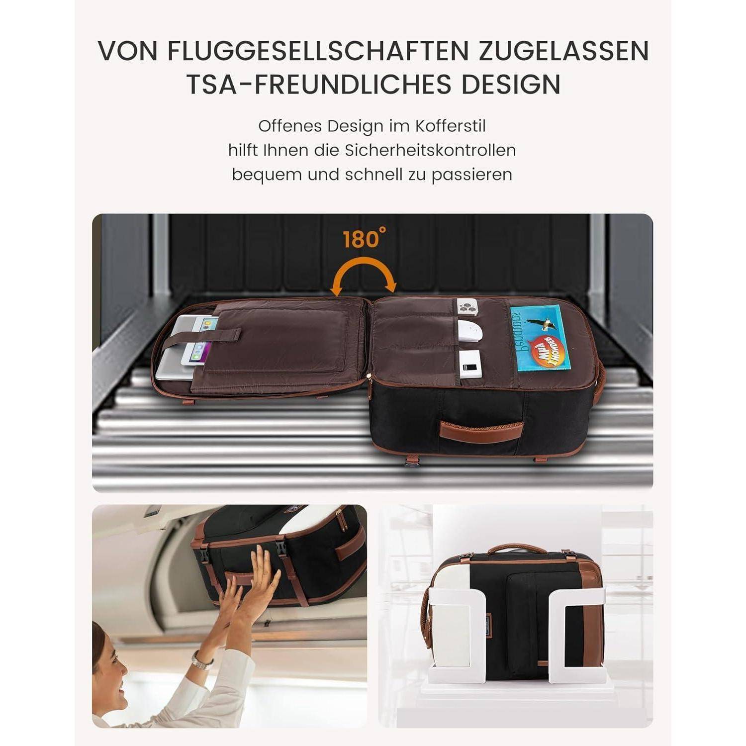 Geöffneter Koffer auf dem Sicherheitsband des Flughafens, mit der Aufschrift 'TSA-freundliches Design', der Fächer für organisierte Reise zeigt.