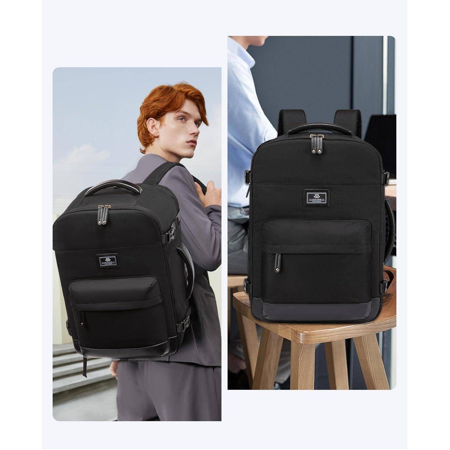 Eine Person mit roten Haaren trägt einen schwarzen Rucksack im Freien. Daneben wird derselbe Rucksack drinnen auf einem Hocker ausgestellt.