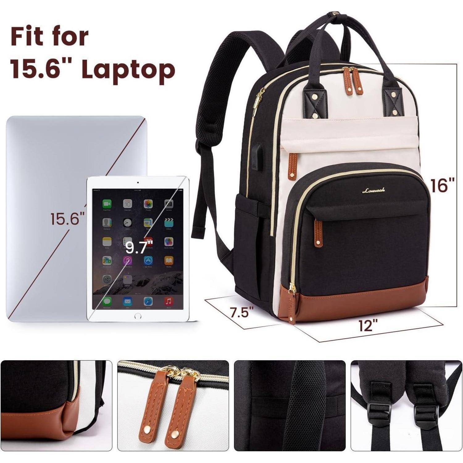 Damen Laptop Rucksack 15.6 Zoll Schwarz Beige Anti-Diebstahl