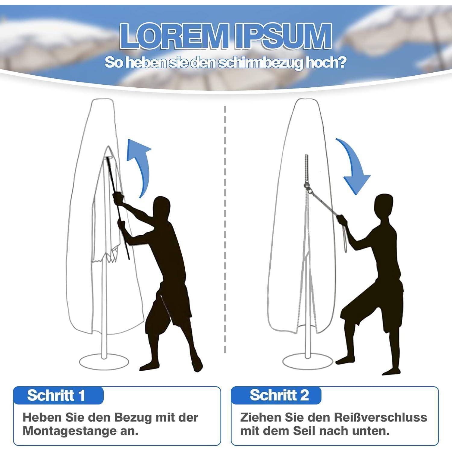 Eine Illustration, die zwei Schritte zum Entfernen einer Schirmbezugs zeigt. Schritt 1: Verwenden Sie eine Stange, um den Bezug anzuheben. Schritt 2: Reißverschluss mit einem Seil nach unten ziehen.