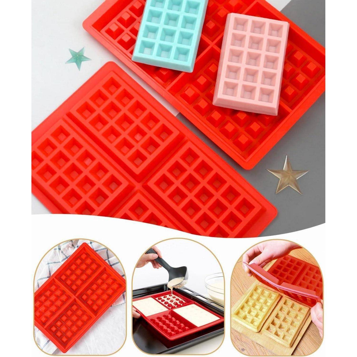 Silikonwaffelmoldees in Rot, Rosa und Blau werden gezeigt. Unten sind drei Bilder, die Teig abgebildet beim Gießen in eine Form und gebackene Waffeln darstellen.