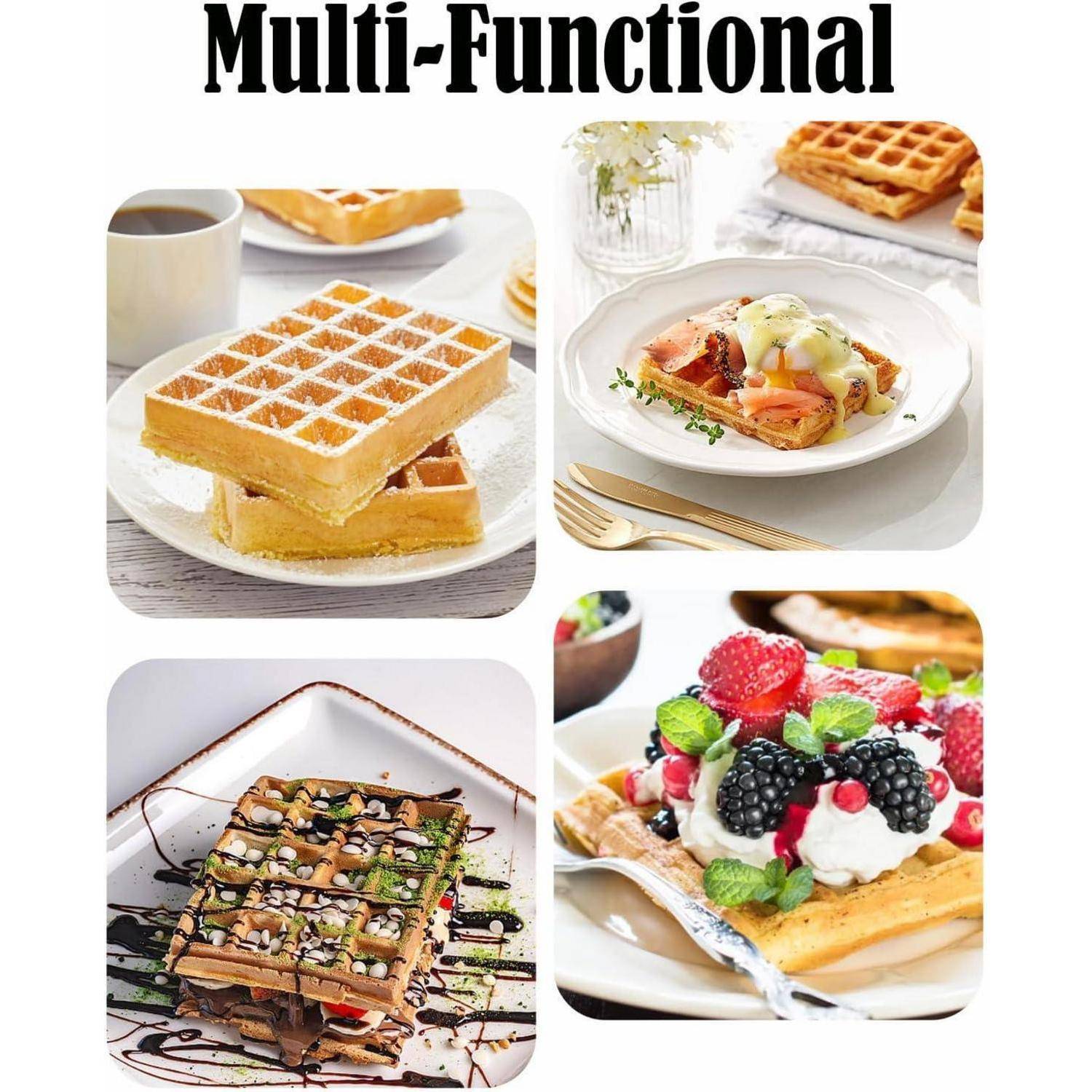 Multifunktional' mit verschiedenen Gerichten: Waffeln mit Sirup, pochierte Eier mit Speck und Grün sowie ein Sandwich mit Gemüse und Chips.