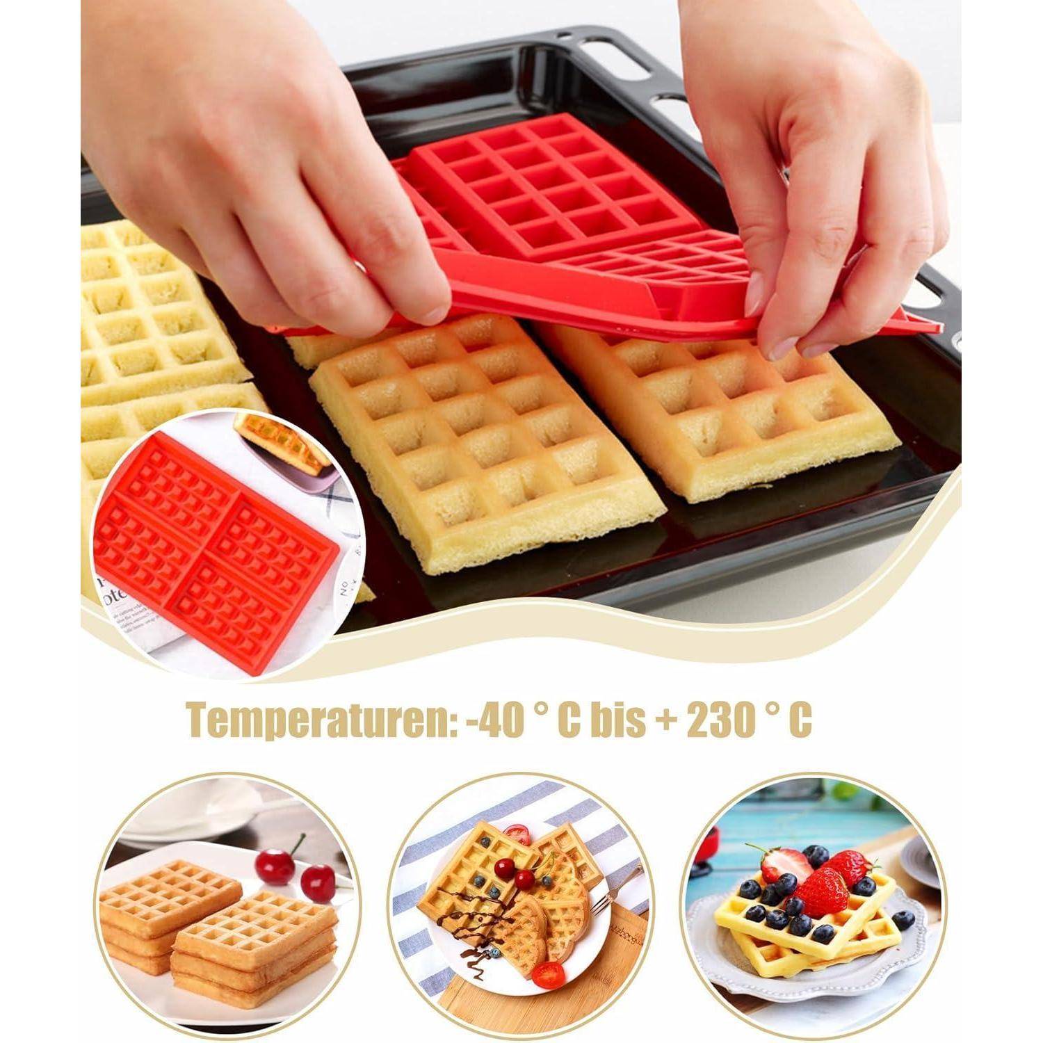 Eine Person entfernt eine Silikonwaffelmatte von gebackenen Waffeln auf einem Backblech. Einschübe zeigen Variationen von Waffeln mit Obstbelägen. Text: 'Temperaturen: -40 °C bis +230 °C'.