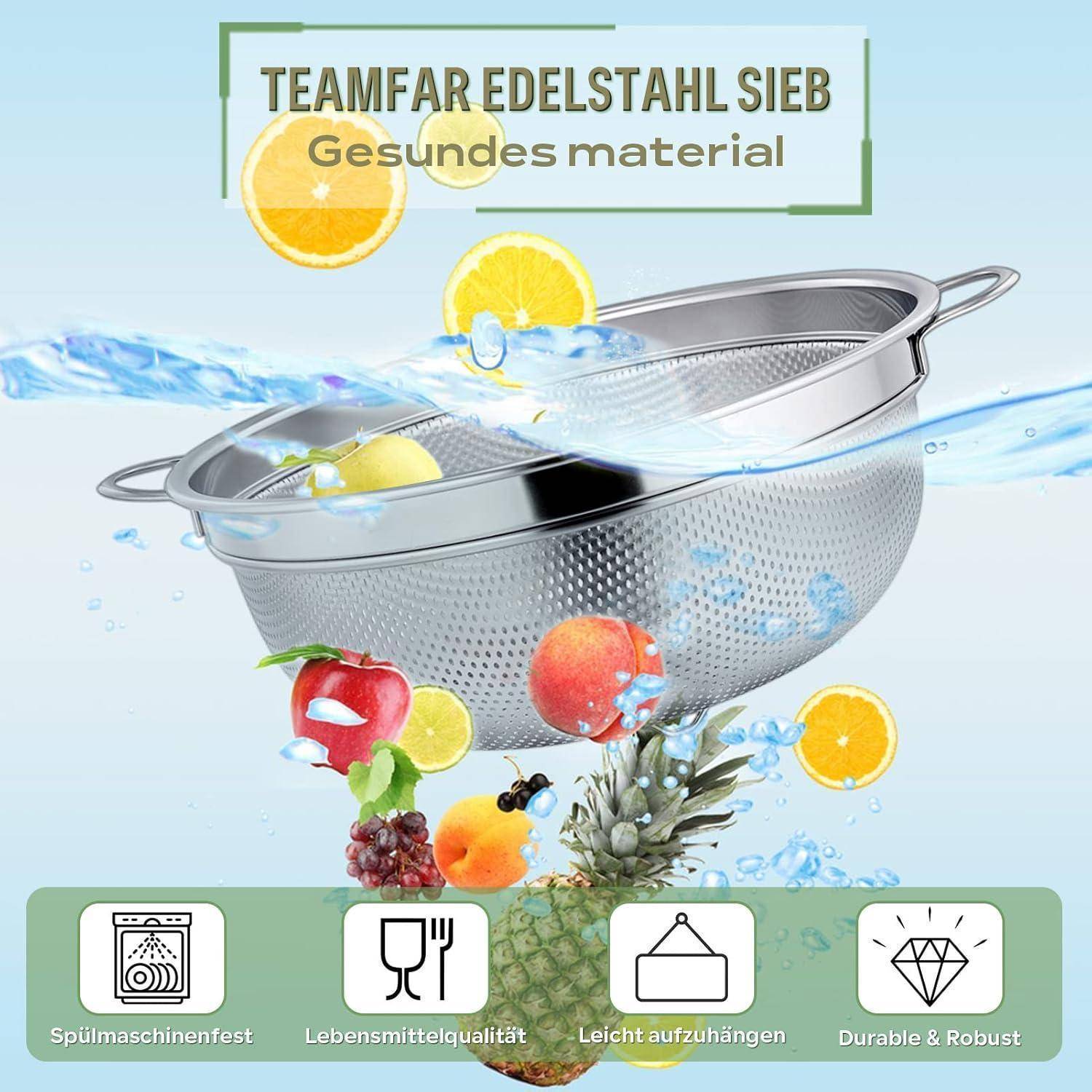 Ein Sieb aus Edelstahl mit Wasser und Früchten, gekennzeichnet als 'Teamfar Edelstahl Sieb'. Beschreibung enthält: spülmaschinenfest, lebensmittelecht, einfach aufzuhängen, langlebig.