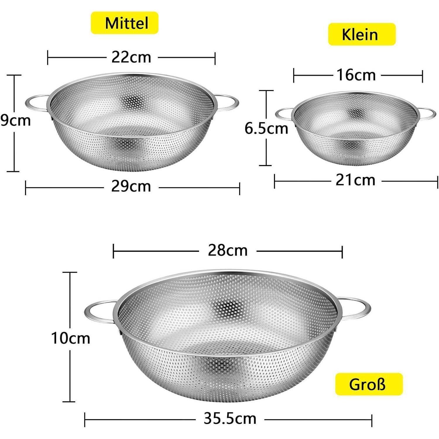 Sieb Edelstahl Nudelsieb 3er Set Mikroperforiert mit Griffen 28cm 22cm