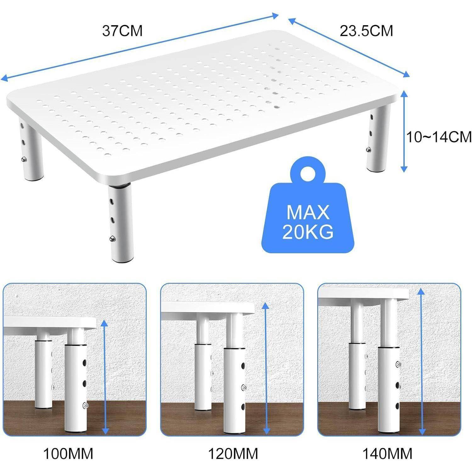 Verstellbares weißes Regal mit Abmessungen von 37cm x 23,5cm, Höhe 10-14cm. Maximale Belastbarkeit 20kg. Bilder zeigen verstellbare Beinhhöhen: 100mm, 120mm, 140mm.