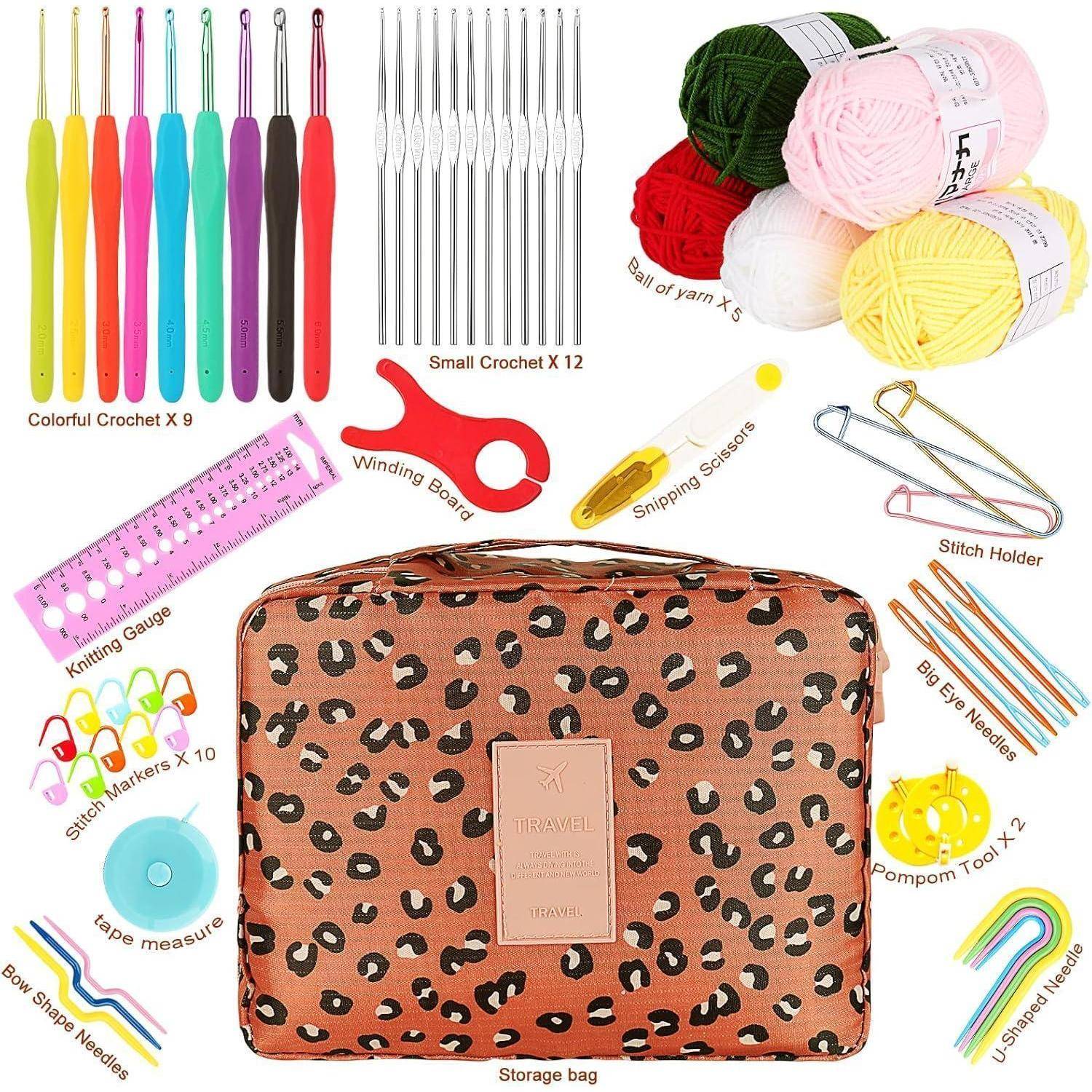 HÄKELN' Set mit Aufbewahrungstasche, 14 bunten Häkelnadeln, Garnpaket, Schere, Maßband, Strickmaß, Maschenmarkierern, Nadeln und Werkzeugen.