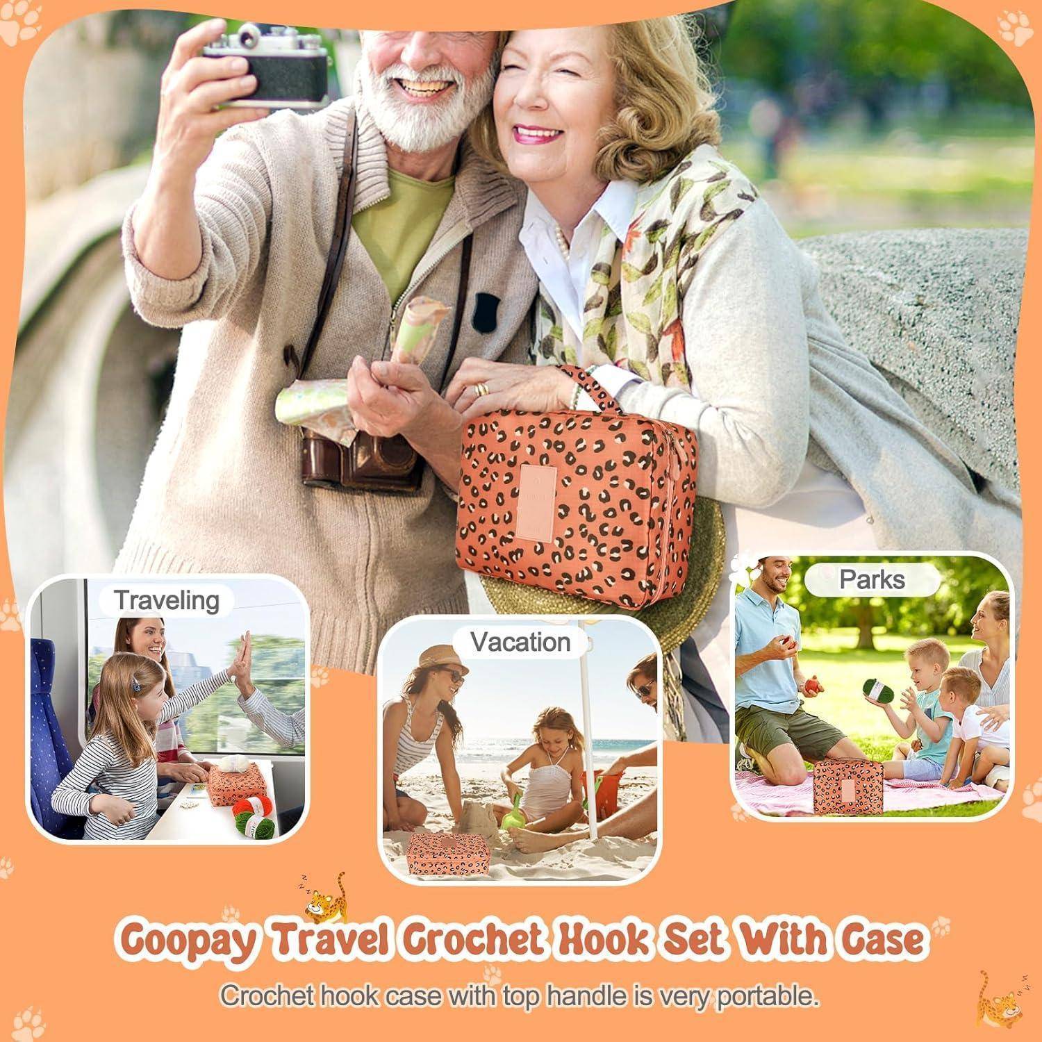Ein älteres Paar, das ein Selfie macht, hervorgehoben von kleineren Bildern, die ‚Reisen', ‚Urlaub' und ‚Parks' darstellen, wirbt für ein Häkelnadel-Set.