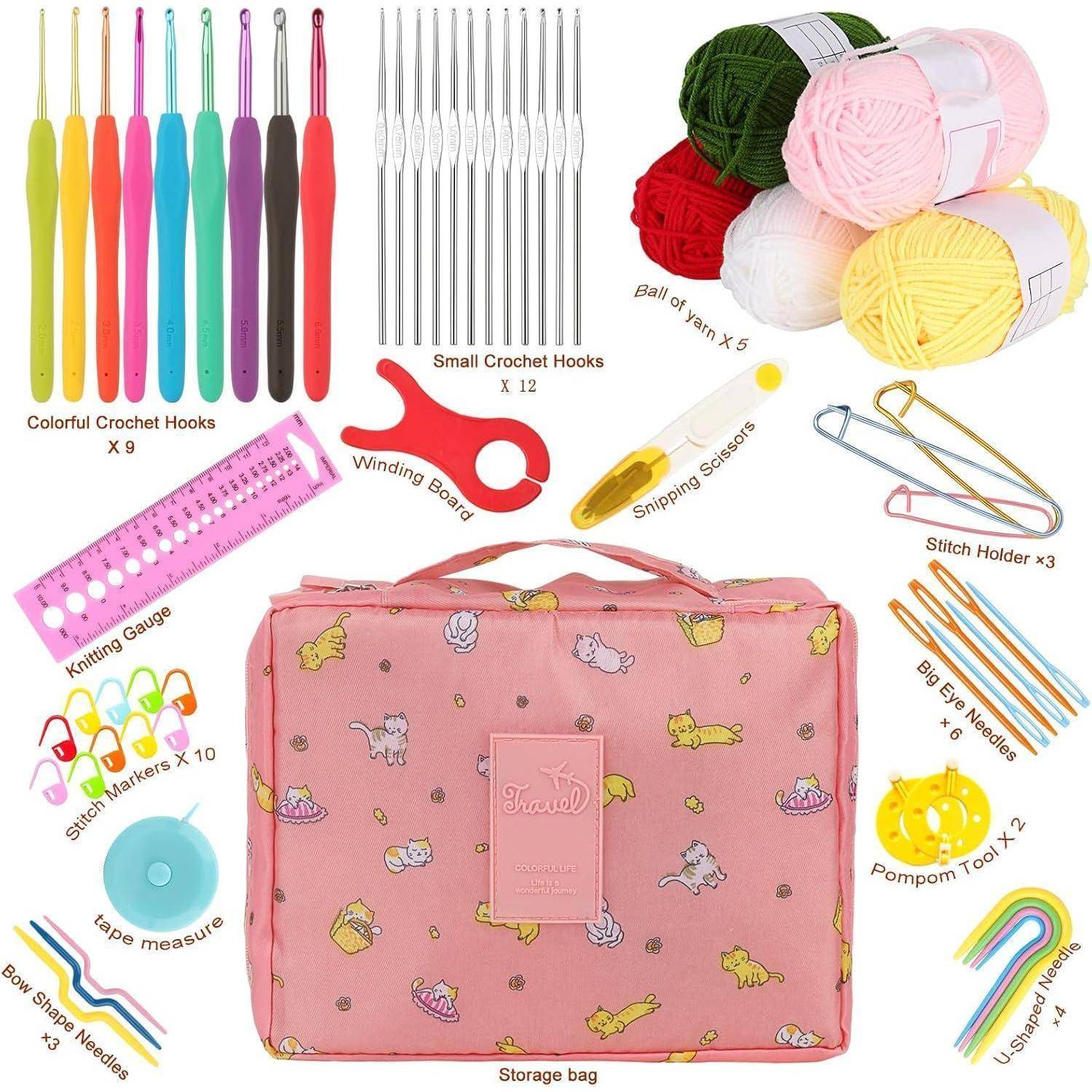 Häkelset für Anfänger, 58tlg. Rosa Katze HäkelnadelSet mit Weicher