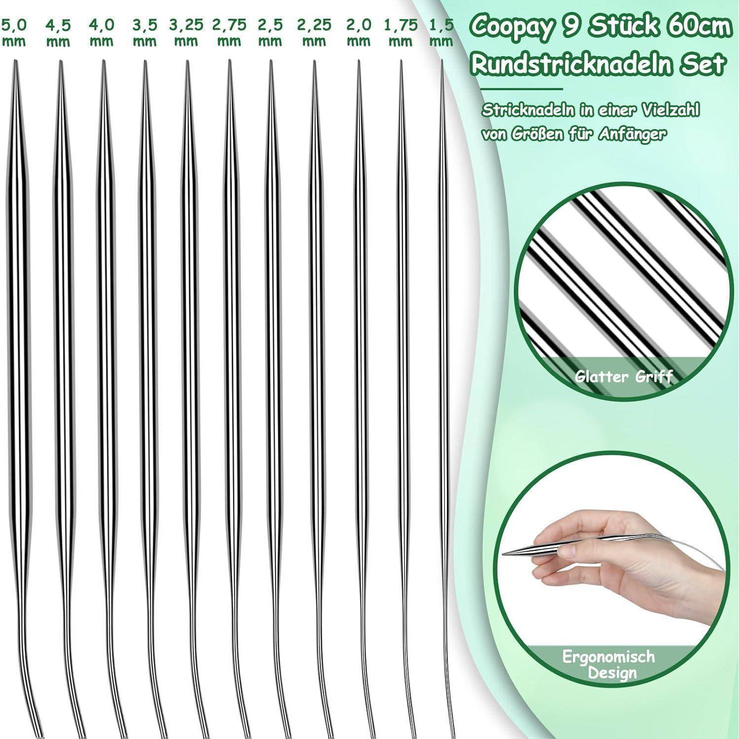 Coopay 9 Stück 60cm Rundstricknadeln Set' präsentiert mit minimalistischen Stricknadel-Illustrationen. Betont die glatte Oberfläche und das ergonomische Design.