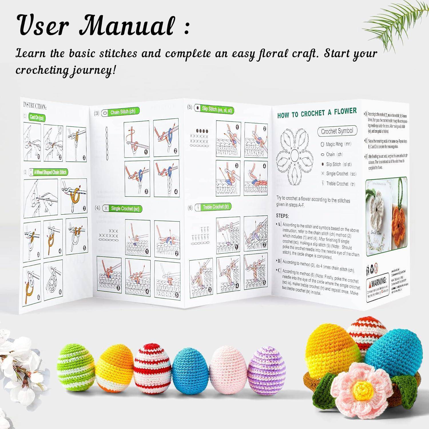 Benutzerhandbuch: Erlernen Sie grundlegende Maschenarten und fertigen Sie ein einfaches Blumenhandwerk. Mit Schritt-für-Schritt-Illustrationen und Anleitungen zum Häkeln einer Blume.