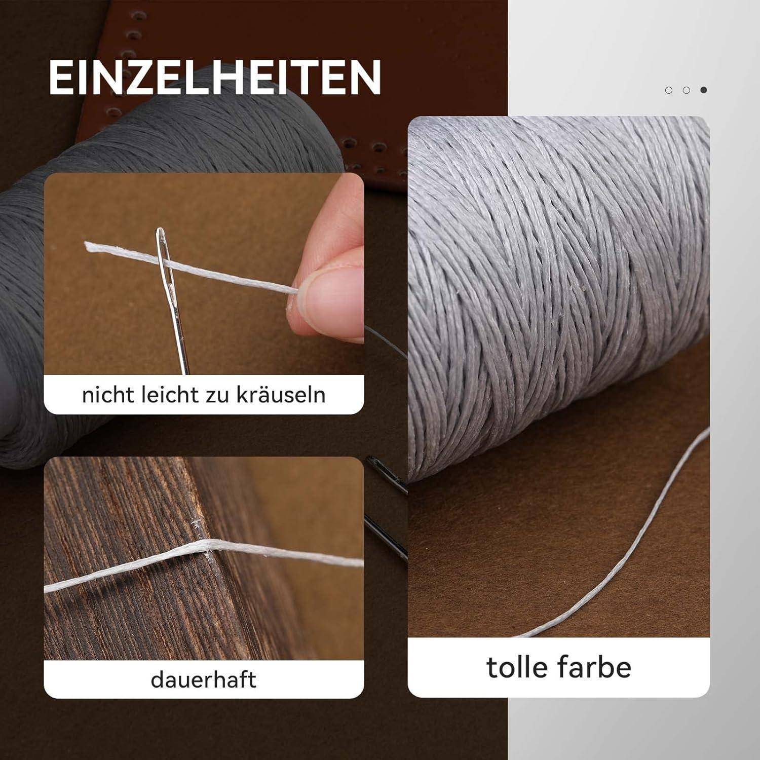 Zwei Bilder zeigen eine Person, die eine Nadel und einen haltbaren Faden auf verschiedenen Materialien einfädelt. Der Text lautet „nicht leicht zu kräuseln